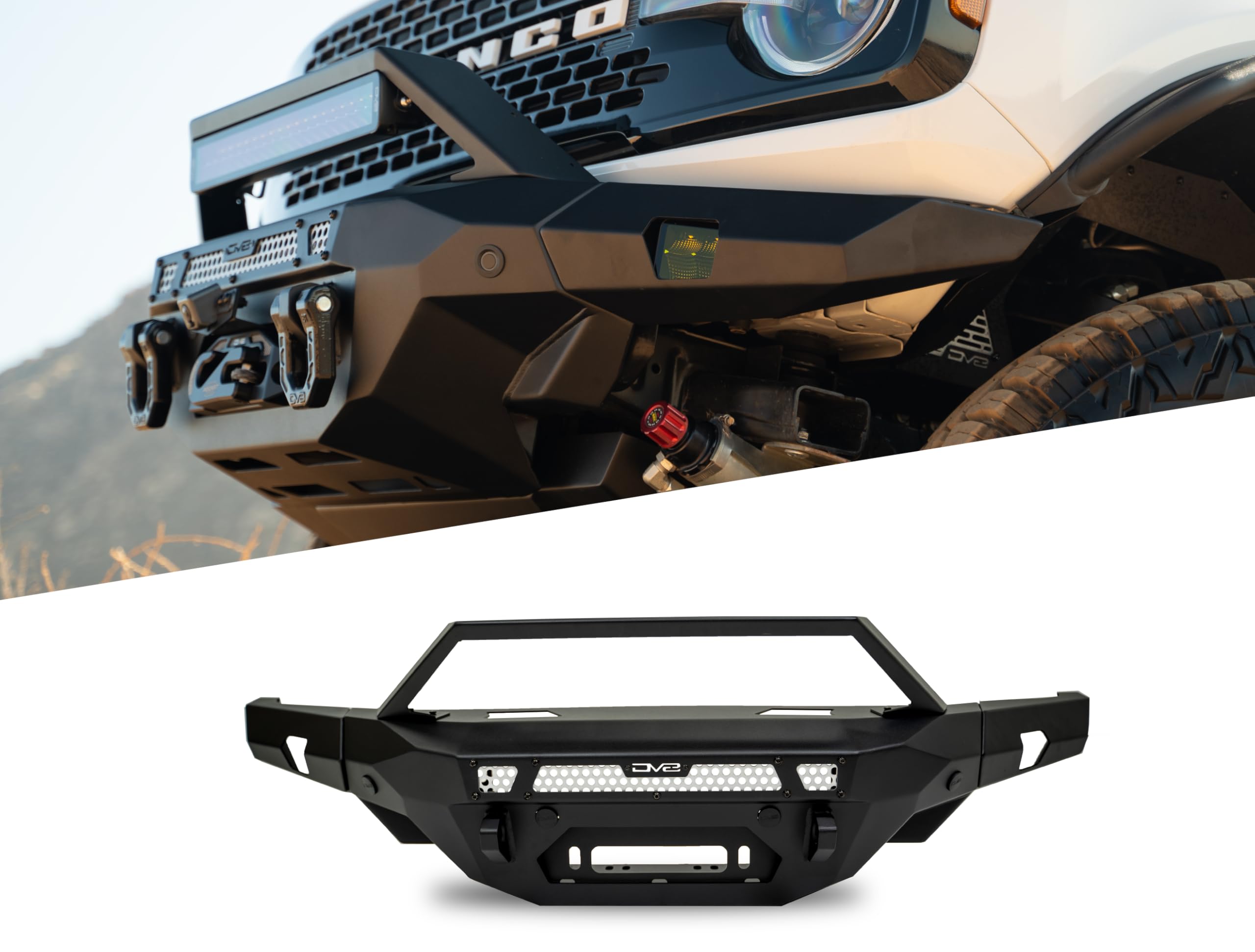 MTO V2 DV8 Front Bumper for 2021-2025 Ford Bronco | Hidden Heavy-Duty Winch Mount | Included Steel Bull Bar | Light Bar & Pod Light Mounts | Two D-Ring Mounts | Micro-Texture Black Powder Coat | Steel