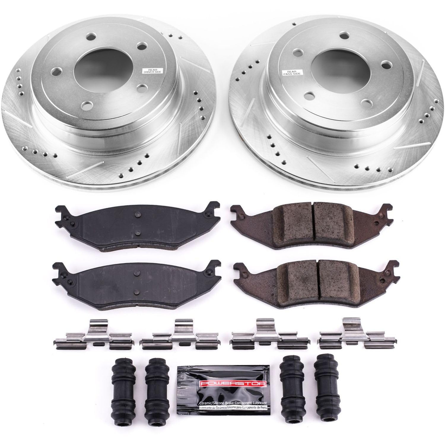 Power Stop K4579 Rear Brake Pads Z23 Carbon Fiber with Drilled & Slotted Brake Rotors Kit For Ford E-150 2004-2006, Ford E-150 Club Wagon 2004-2005 [Model Specific]