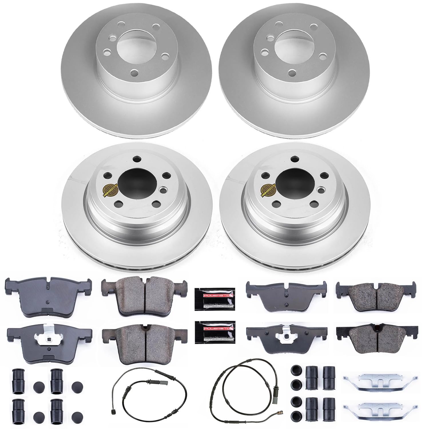 Power Stop CRK6925 Z23 Evolution Sport Front & Rear Coated Brake Kit and 1 Front & 1 Rear Sensor Wires