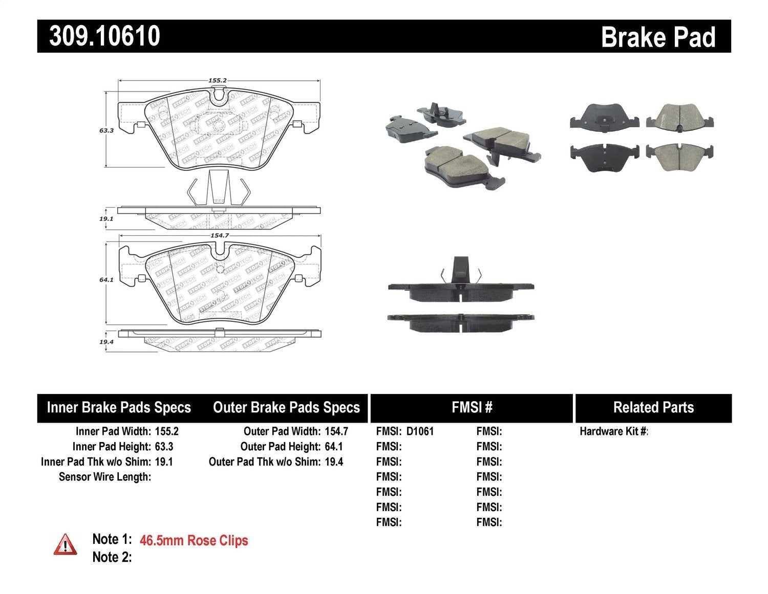Front Brake Pad StopTech 309.10610 Street Performance