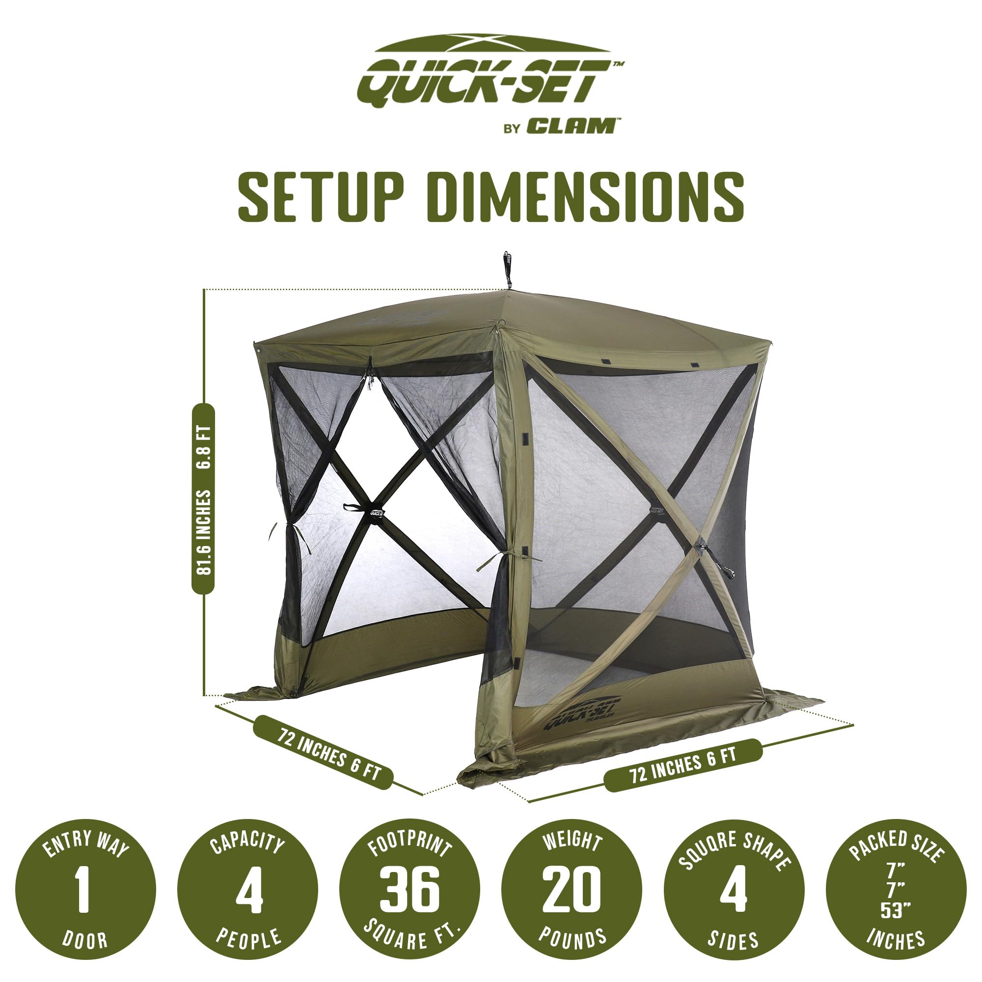 Pop Up CLAM Screen Tent, Outdoor Camping Gazebo Canopy, Traveler, 6' x 6', Green
