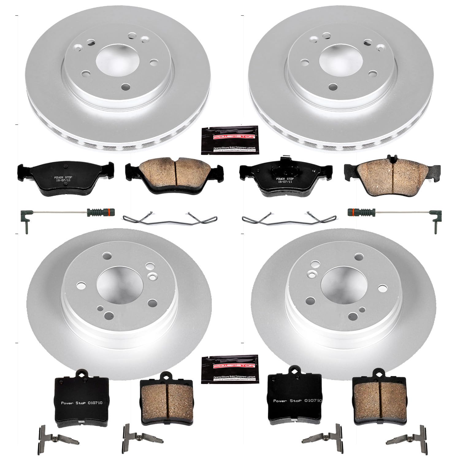 Power Stop Z23 Evolution Geomet Coated Brake Kit and 2 Front Sensor Wires For Mercedes-Benz C230, C280, E300, SLK230 [Model Specific]