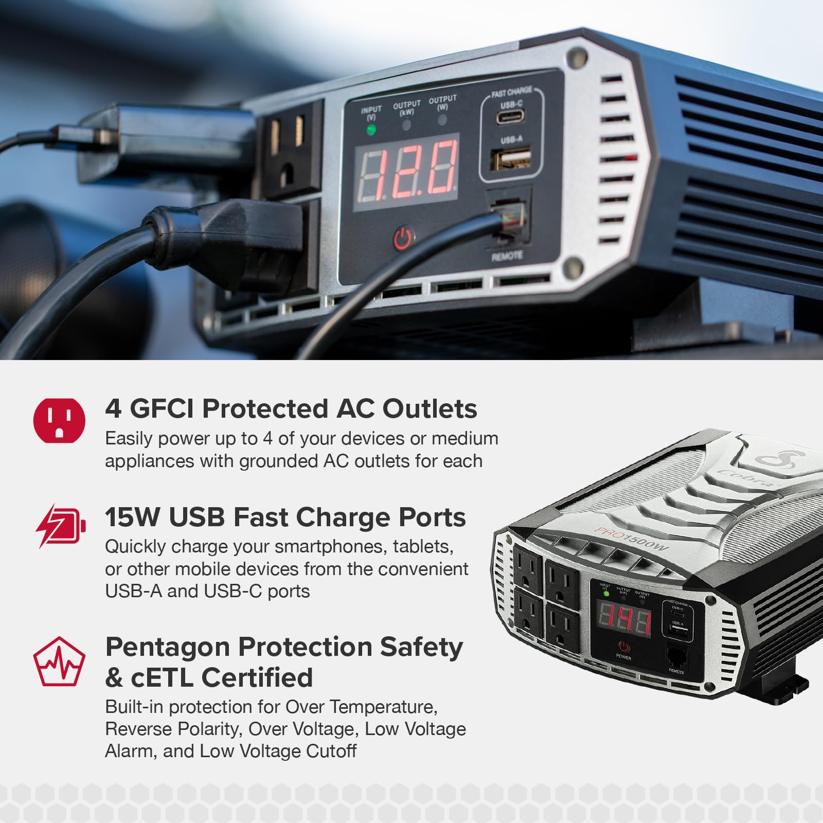 Cobra 1500W PRO Professional Grade Power Inverter, Portable – 1500-Watt Car Charger, 4 Grounded AC Outlets, 2 Fast Charge USB Ports and Remote Controller (CPIALCDG1) Compatible