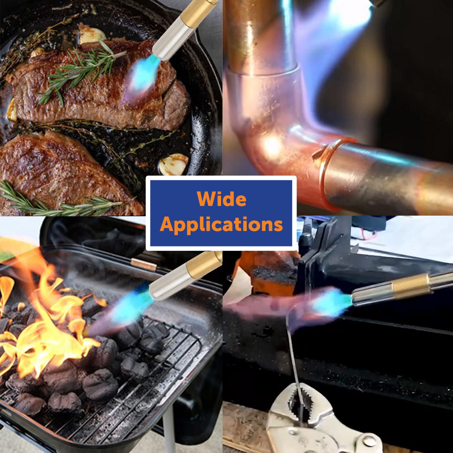 Flame King Blow Torch Propane Gas with Push Button Igniter & 2 Interchangeable Heads great for Soldering, Searing, Brazing, Welding