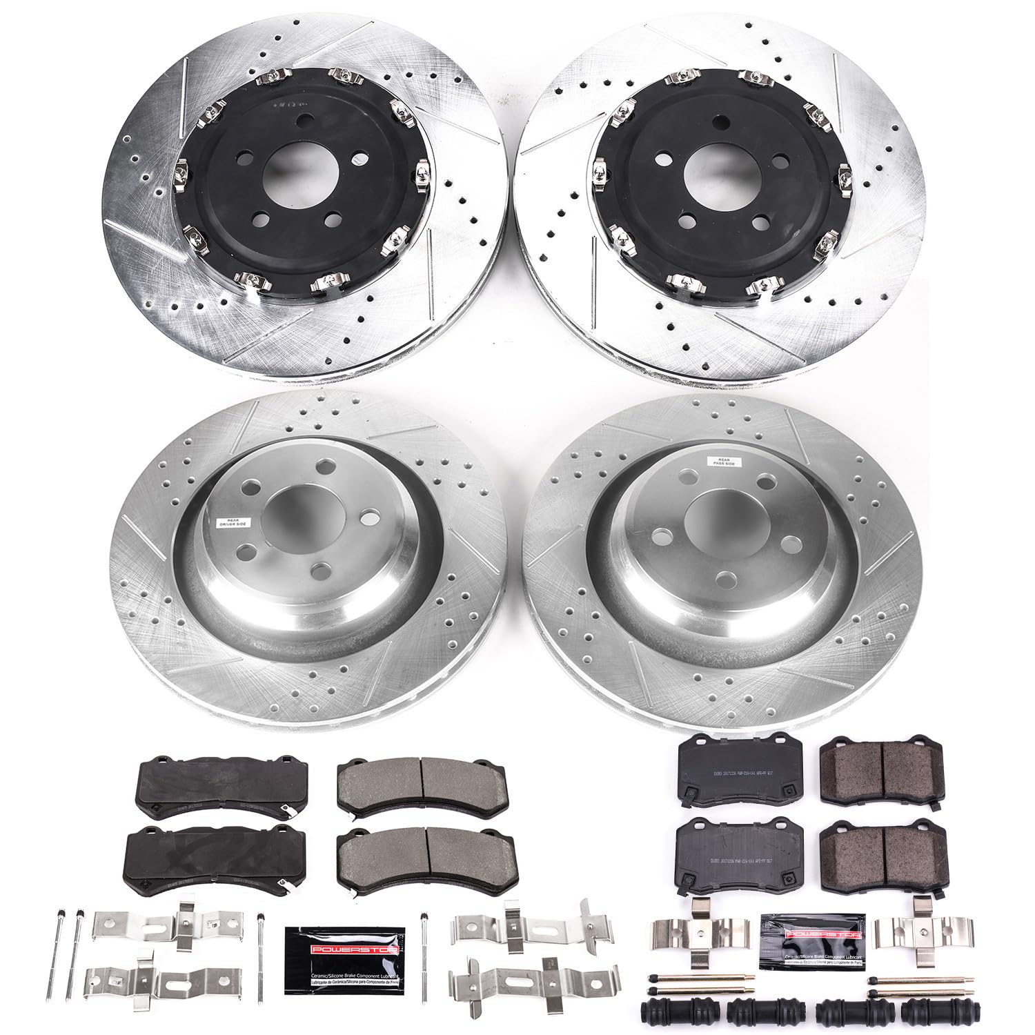 Power Stop K6794 Z23 Carbon Fiber Brake Pads with Drilled & Slotted Brake Rotors Kit Front and Rear For Dodge Challenger 2015-2020, Dodge Charger 2015-2020 [Model Specific]