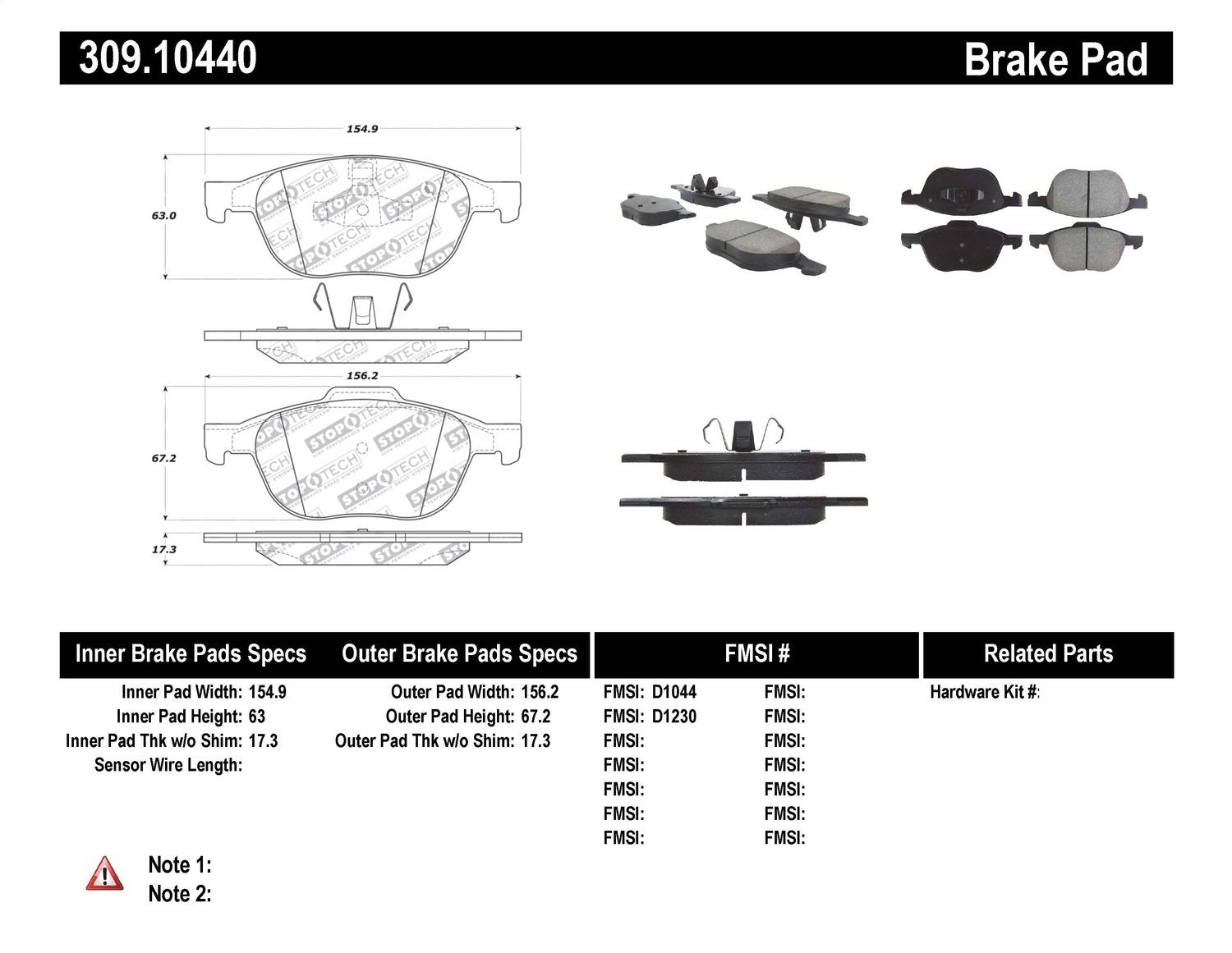 Sport StopTech Front Disc Brake Pads Set with Shims and Hardware - Fits Select Fiat, Ford, Mazda, Volvo Vehicles