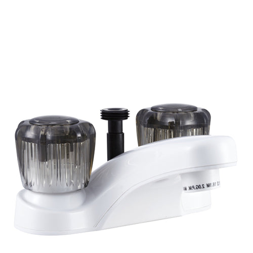 Dura Faucet RV Bathroom Faucet DF-PL720S-WT with Smoked Acrylic Knobs and Shower Hose Diverter (White)