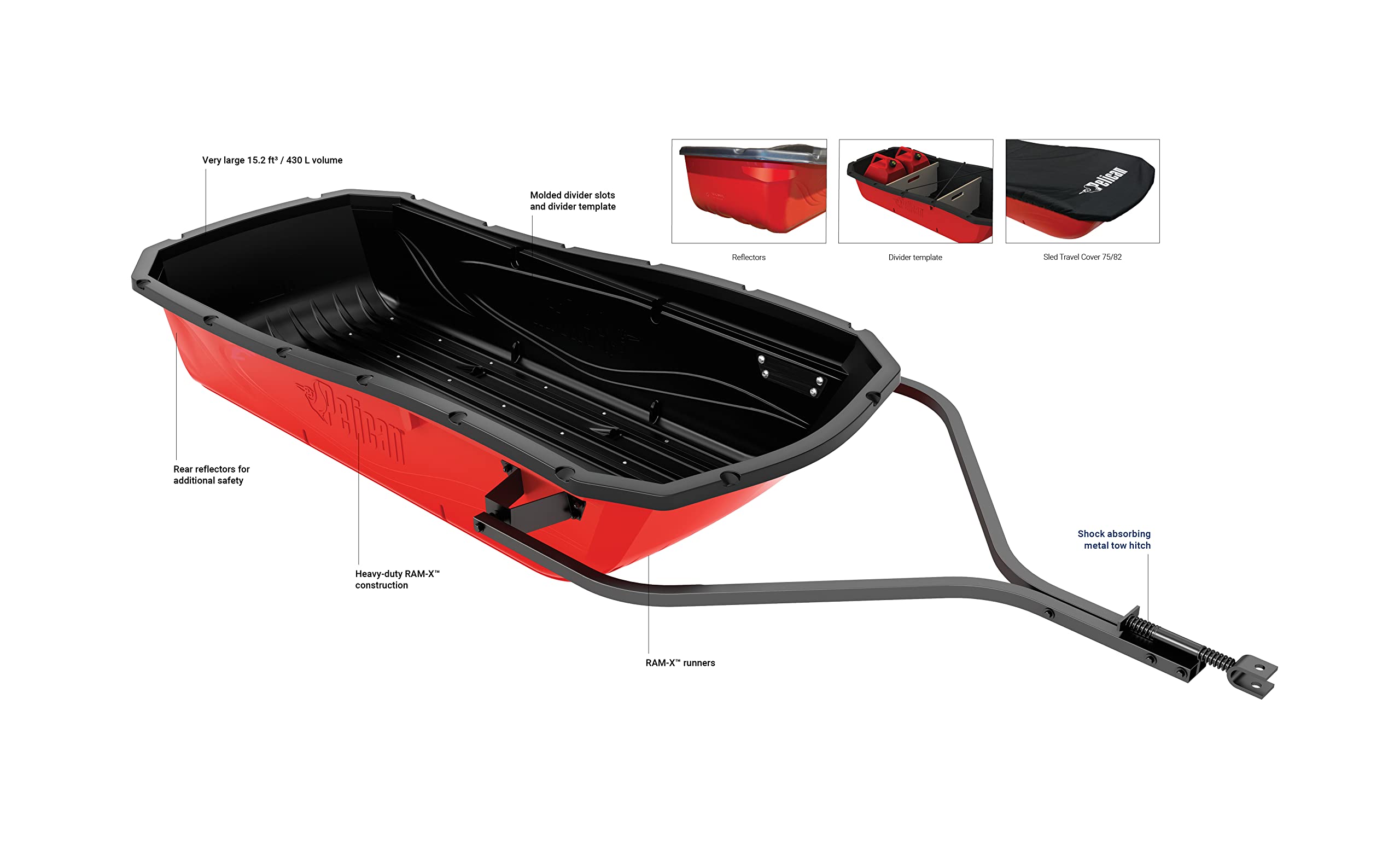 Trek Sport 82 Utility Sled - Pelican Comes with Set of Runners, Tow Hitch & a Travel Cover, RED/Black, Large