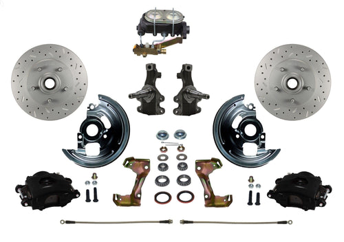 BRAKES LEED Manual Front Disc Brake Kit 2" Drop Spindle Drilled And Slotted Rotors Black Powder Coated Calipers Cast Iron M/C Disc/Drum