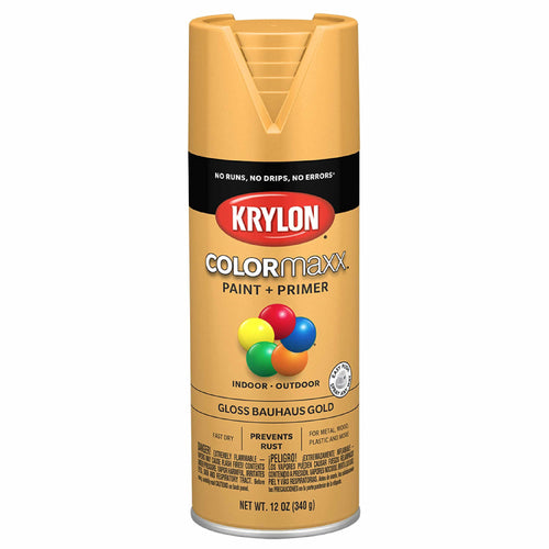 Krylon K05504007 Spray Paint and Primer COLORmaxx for Indoor/Outdoor Use, Gloss Bauhaus Gold, 12 Ounce (Pack of 1)