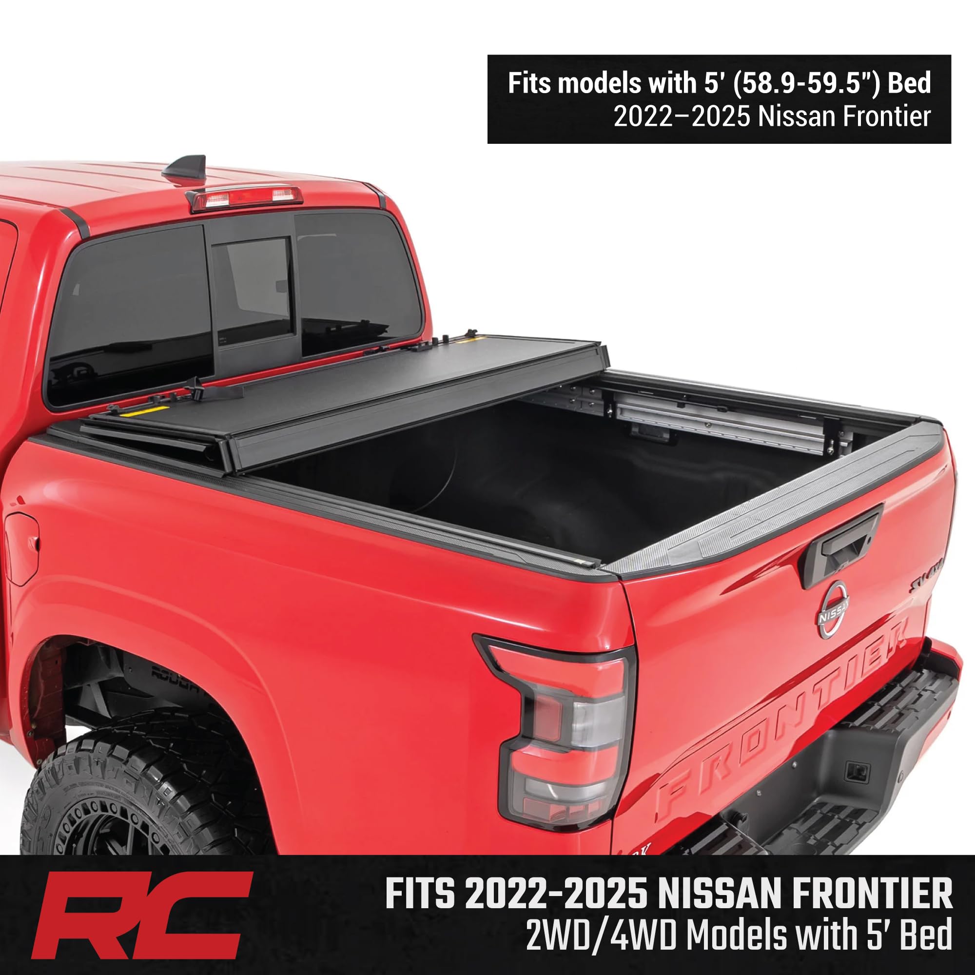 Rough Country Hard Tri-Fold Truck Bed Flip Up Tonneau Cover for Nissan Frontier (2022-2025) - Fits 5' (58.9-59.5") Bed, All-Weather, Flush Aluminum Panels