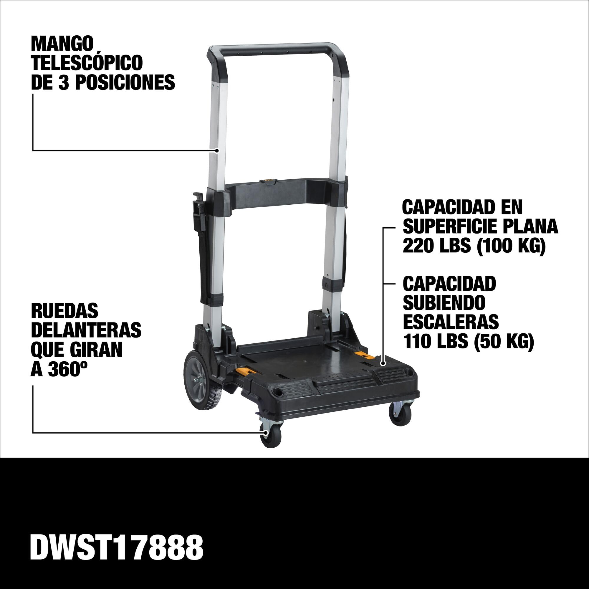 DEWALT TSTAK Cart Trolley with Handle, Swivel 360°, Capacity of Up to 200 lbs (DWST17888)