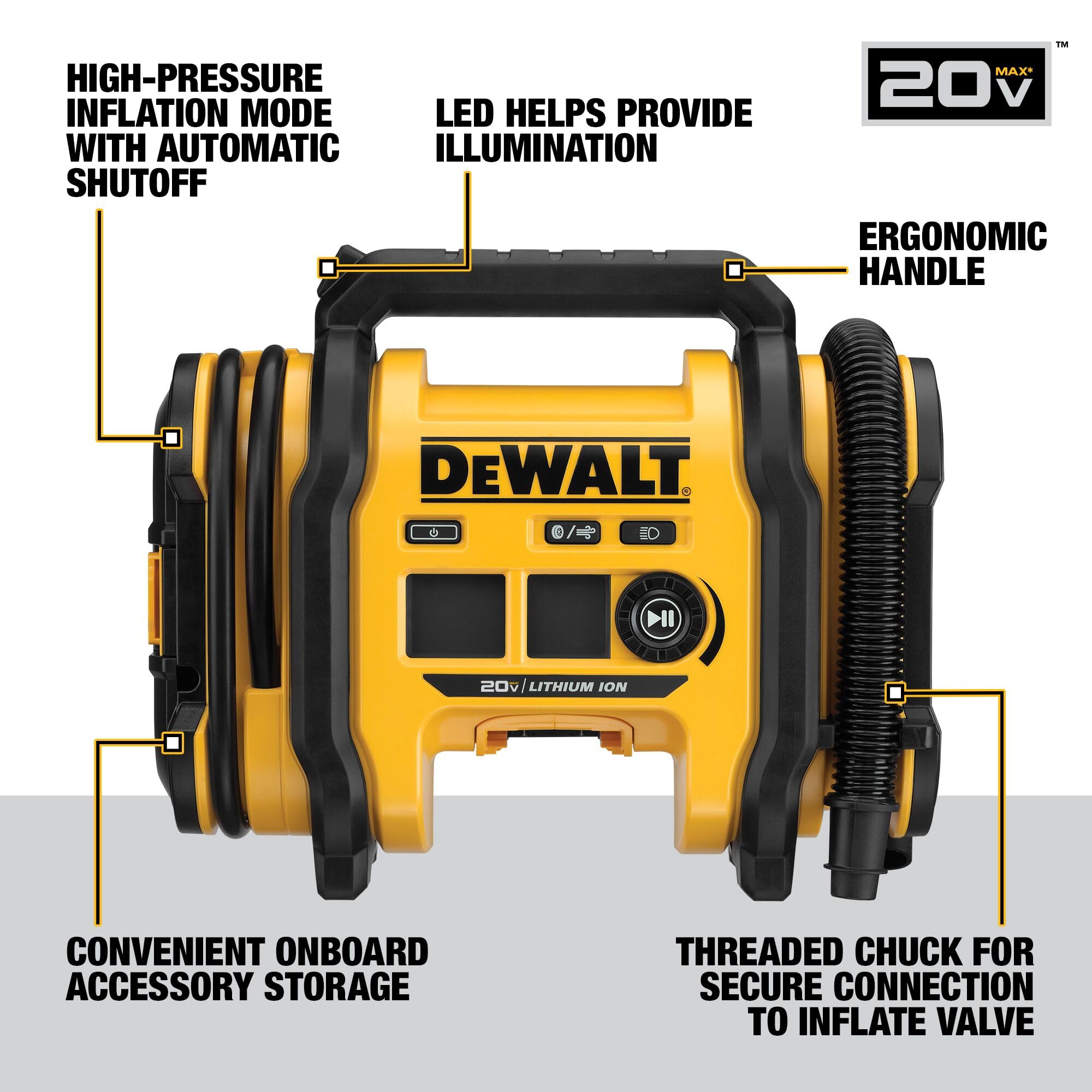 DEWALT Portable Tire Inflator Air Compressor 20V MAX, Car Pump with Automatic Shut Off, LED Light, Tool Only (DCC020IB)