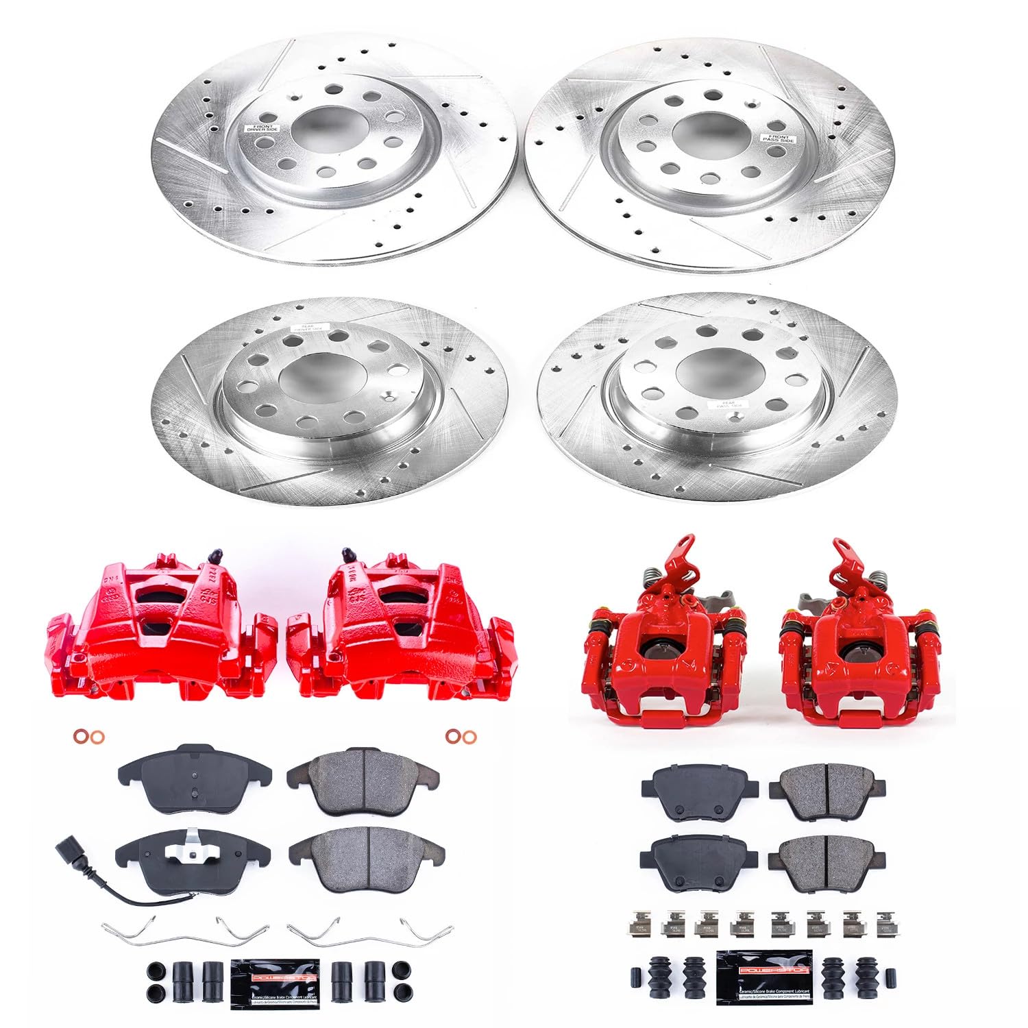 Power Stop Z23 KC5803 Evolution Sport Front and Rear Caliper Brake Kit-Drilled/Slotted Rotors, Carbon Ceramic Brake Pads, Calipers For Volkswagen Passat 2012-2015 [Model Specific]