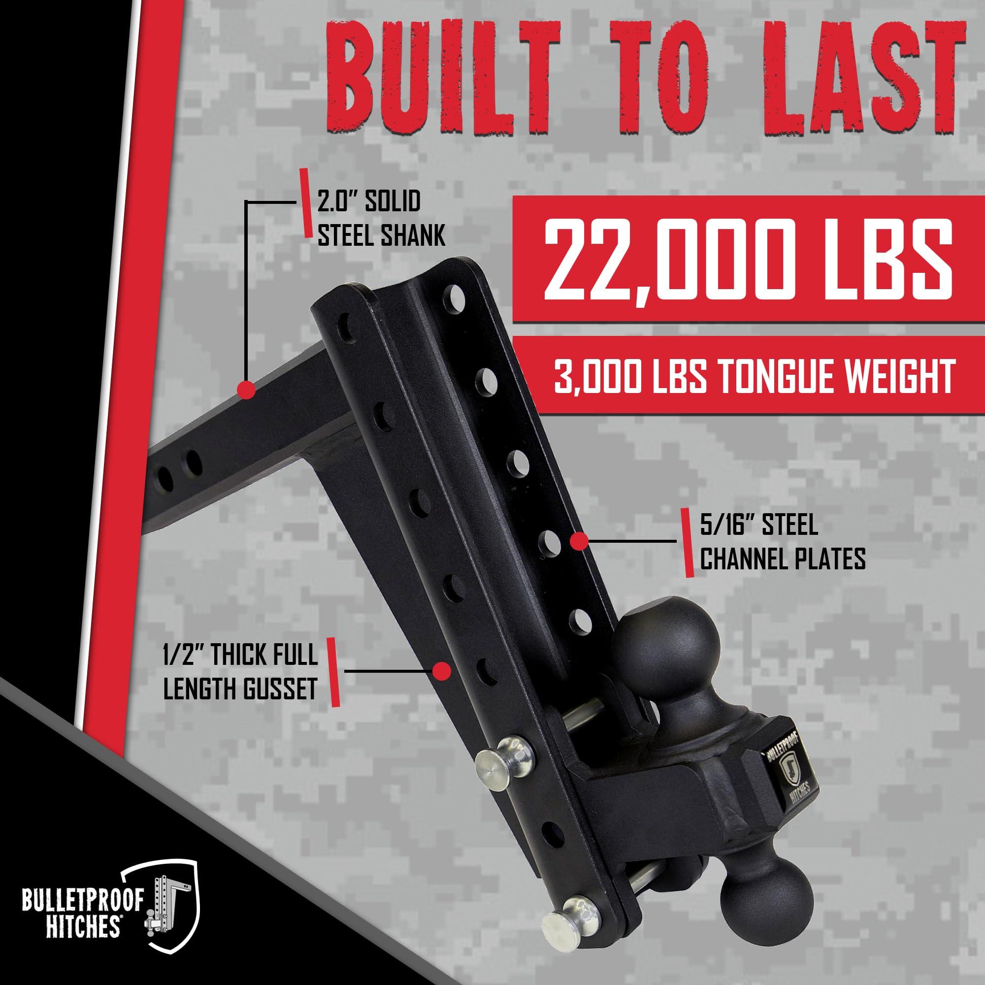 2.0" BulletProof Hitches Adjustable Heavy Duty Trailer Hitch (22,000 lb. Rating) - 10" Drop/Rise Trailer Hitch with 2" & 2-5/16" Dual Ball - Powder Coat, Solid Steel, Corrosion-Resistant