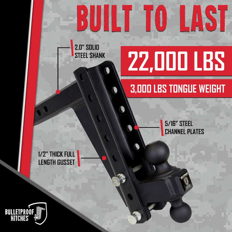 2.0" BulletProof Hitches Adjustable Heavy Duty Trailer Hitch (22,000 lb. Rating) - 10" Drop/Rise Trailer Hitch with 2" & 2-5/16" Dual Ball - Powder Coat, Solid Steel, Corrosion-Resistant