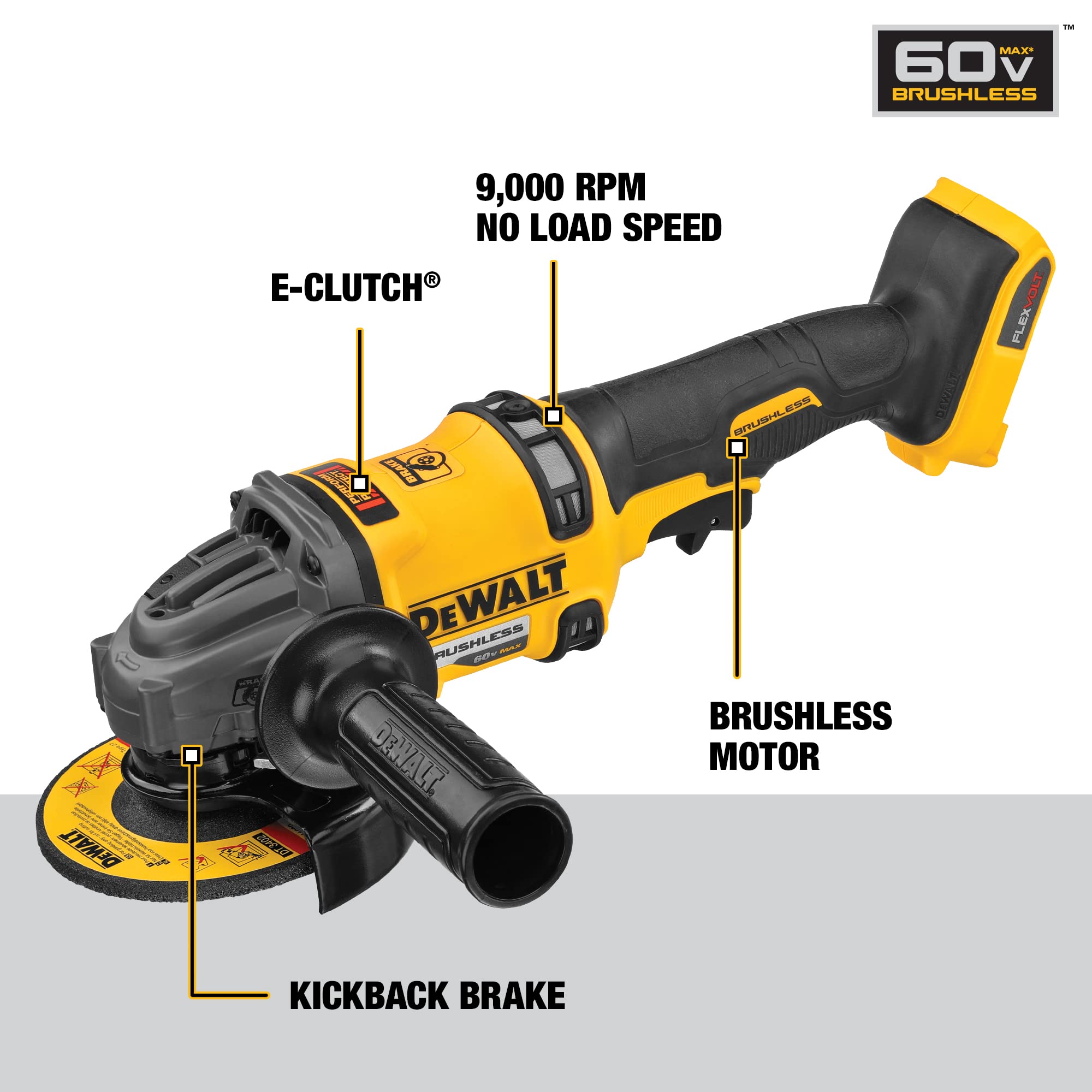 FLEXVOLT DEWALT 60V MAX* Angle Grinder with Kickback Brake Kit, 4-1/2-Inch to 6-Inch (DCG418X1)