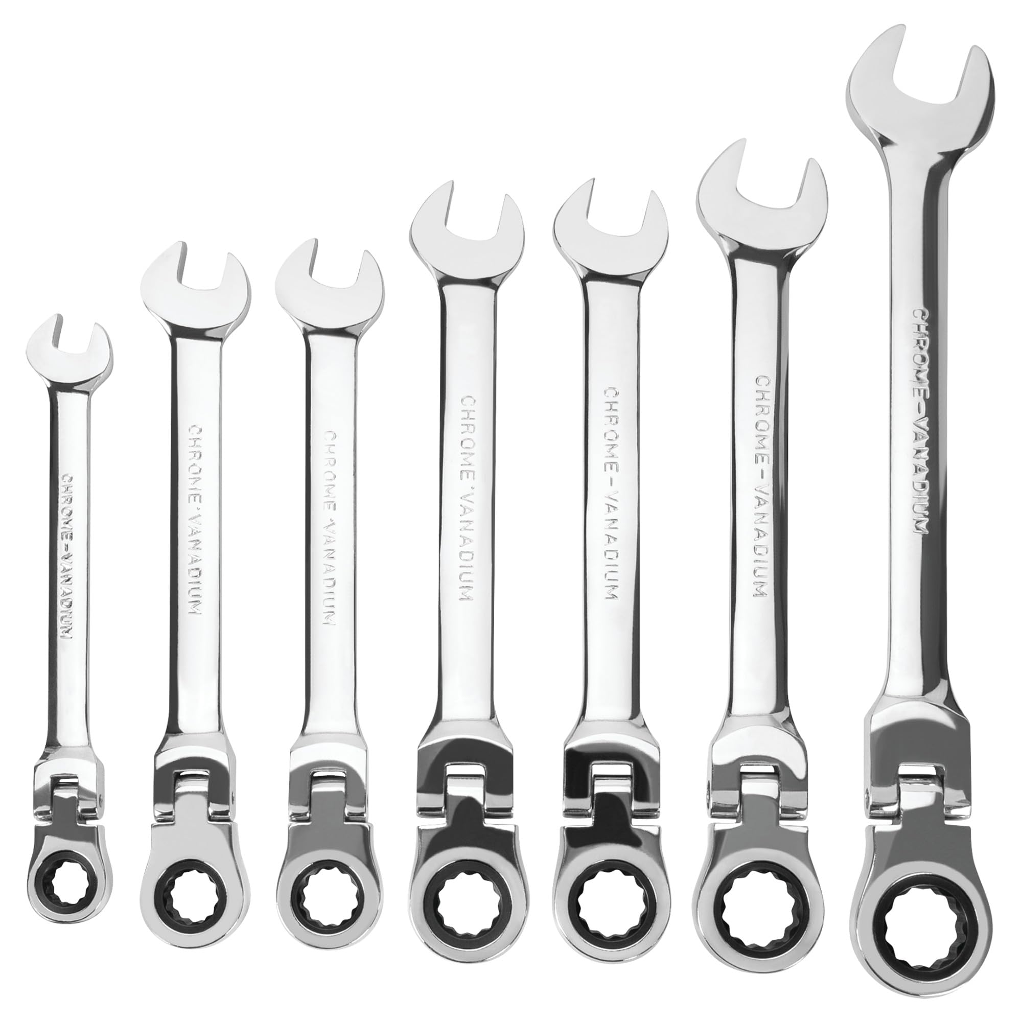 W30636 Performance Tool Flex Head Ratcheting Wrench Set - 7 Piece, 3/8-Inch to 3/4-Inch SAE, 180 Degree Flex Head, 72 Teeth, Chrome Vanadium, Reusable Rack