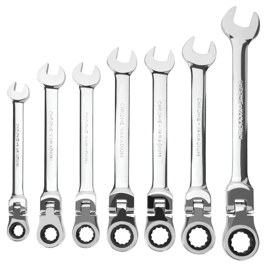 W30636 Performance Tool Flex Head Ratcheting Wrench Set - 7 Piece, 3/8-Inch to 3/4-Inch SAE, 180 Degree Flex Head, 72 Teeth, Chrome Vanadium, Reusable Rack