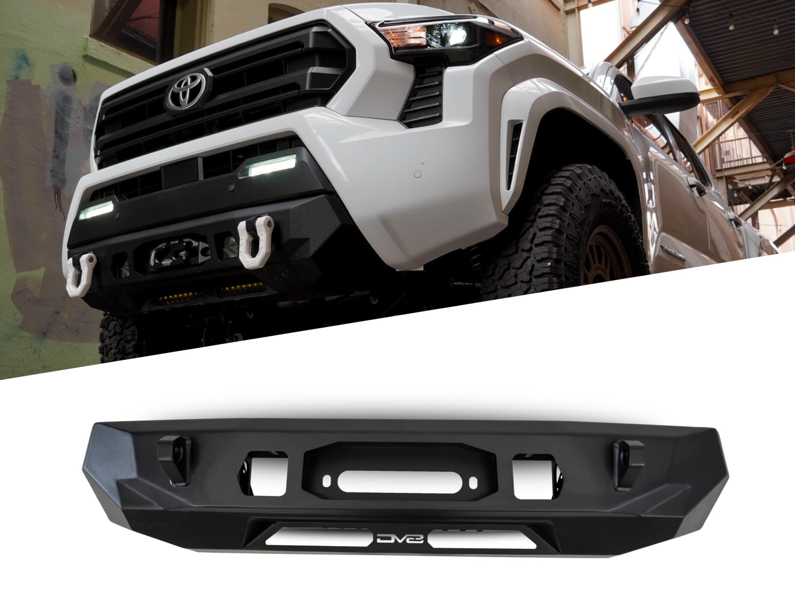 Front Bumper DV8 Centric for 2024 Toyota Tacoma | One 20-Inch Single Row Light Bar & Two 3-Inch Pod Light Mounts | Integrated Standard Winch & D-Ring Mounts | Micro-Texture Black Powder Coat Finish