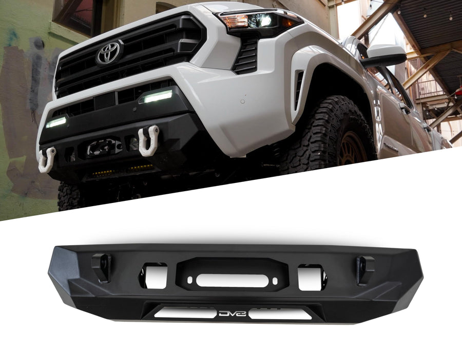 Front Bumper DV8 Centric for 2024 Toyota Tacoma | One 20-Inch Single Row Light Bar & Two 3-Inch Pod Light Mounts | Integrated Standard Winch & D-Ring Mounts | Micro-Texture Black Powder Coat Finish