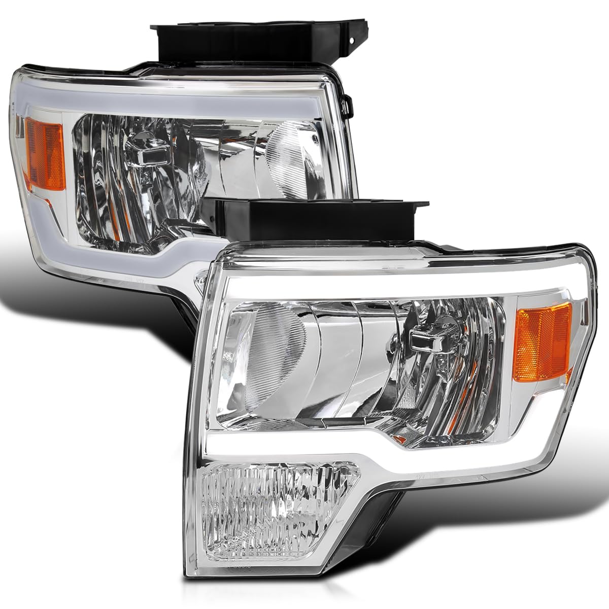 Chrome Headlights SPEC-D TUNING w/LED Tube Compatible with 2009-2014 Ford F150 F-150, Left + Right Pair Headlamps Assembly