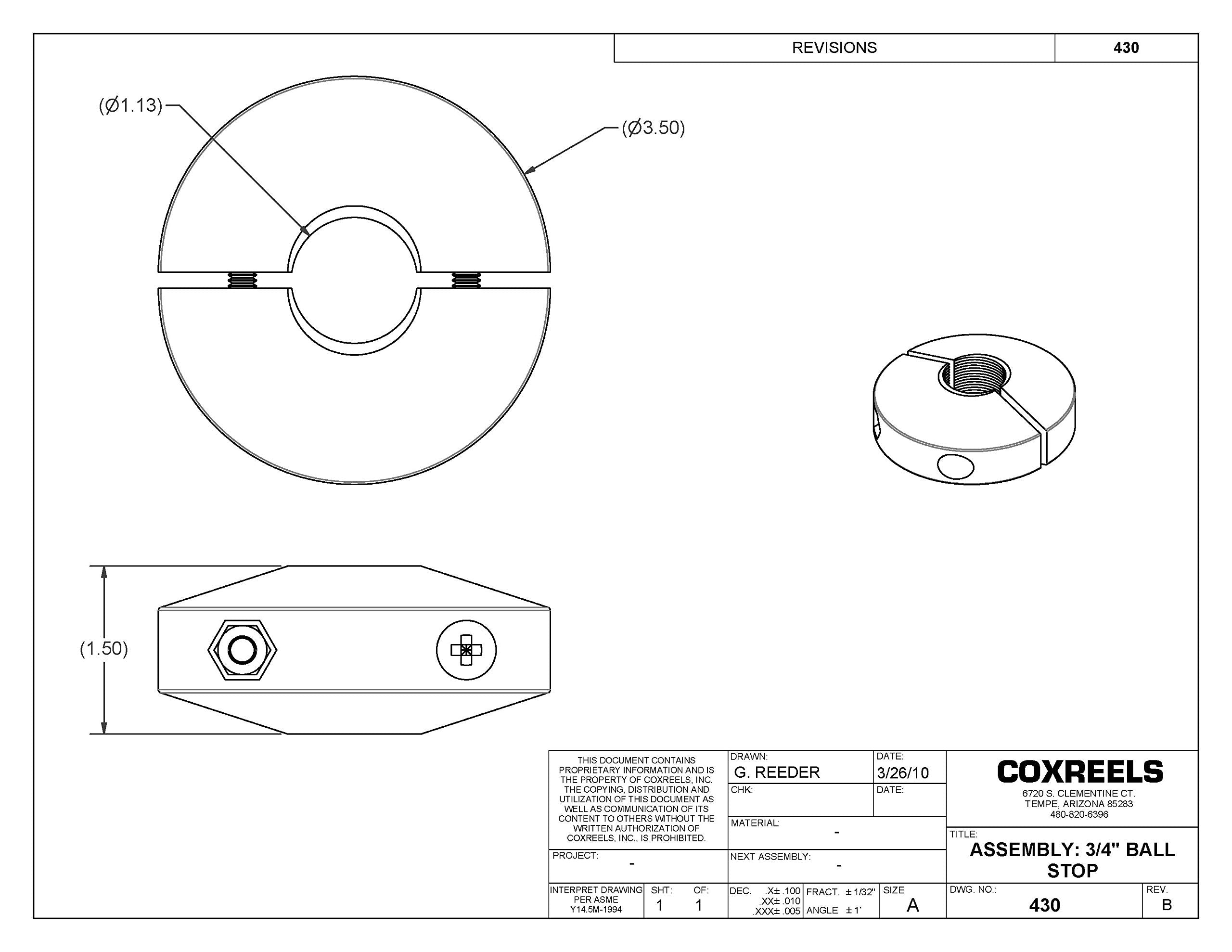 Coxreels Ball Stop 430 for Spring Driven Reel, fits ¾” Hose 3 ½” OD X 1” ID