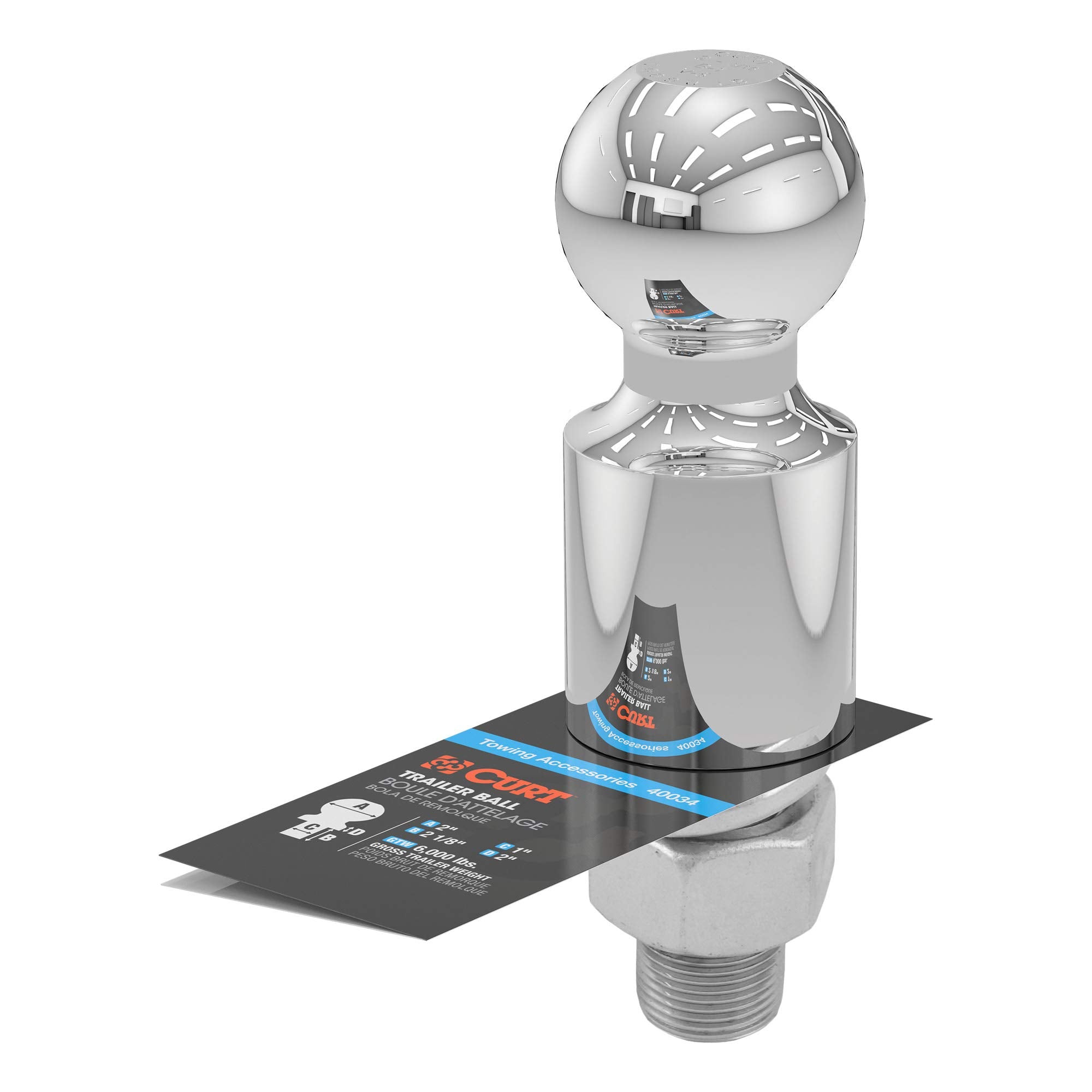 CURT 40034 Trailer Hitch Ball Chrome, 6,000 lbs, 2-Inch Rise, 2-Inch Diameter, 1 x 2-1/8-Inch Shank