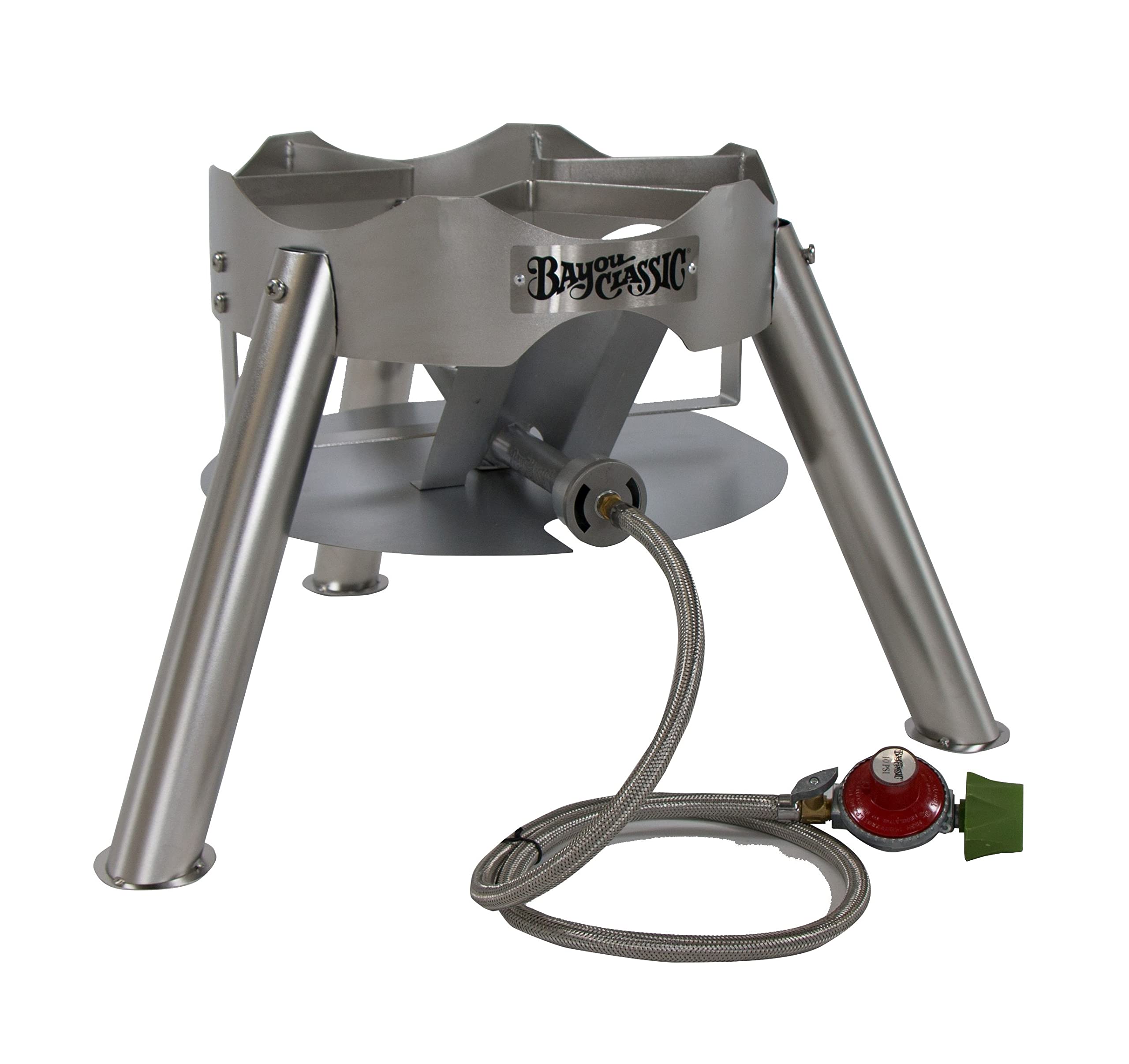 Bayou Classic 14-in Stainless Bayou Outdoor Cooker SS31 14-in Cooking Surface 12-in Tall Frame 10-psi Adjustable Regulator w/ 48-in Stainless Braided Hose 4-in Cast Aluminum Burner