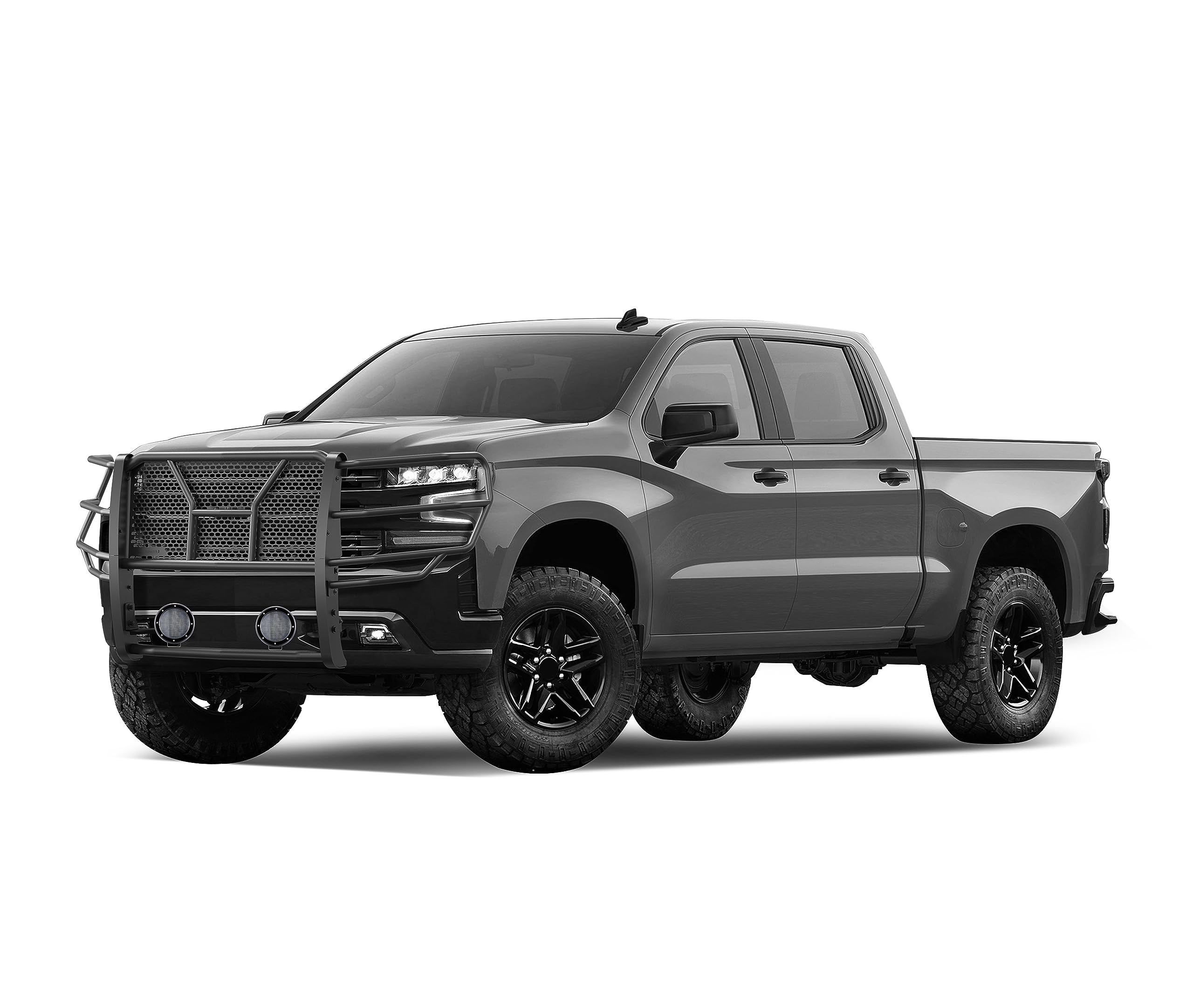 Heavy Duty Black Horse Rugged Grille Brush Bumper Guard Modular Black Come with Pair of 5.3" Dia.LED Lights with Black Trim Rings Compatible with 2019-2024 Chevrolet Silverado 1500-RU-CHSI19-B-PLFB