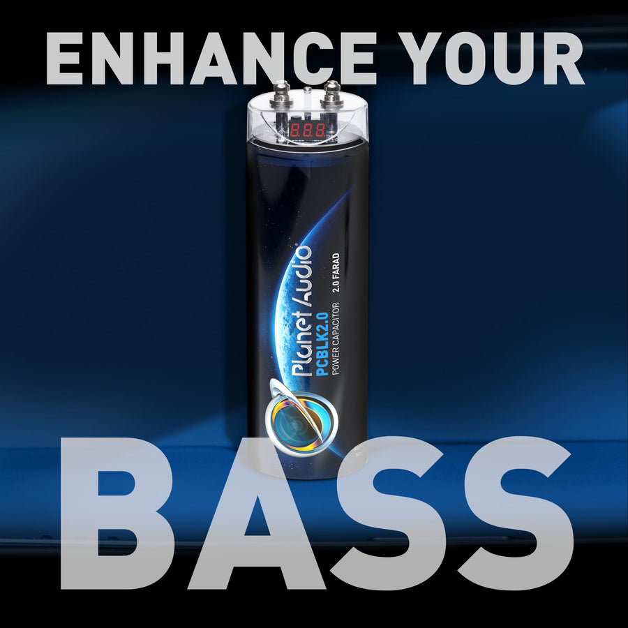 Car Capacitor Planet Audio PCBLK2.0 - 2 Farad, Energy Storage, Enhance Bass from Stereo, Warning Tones, LED Voltage Meter