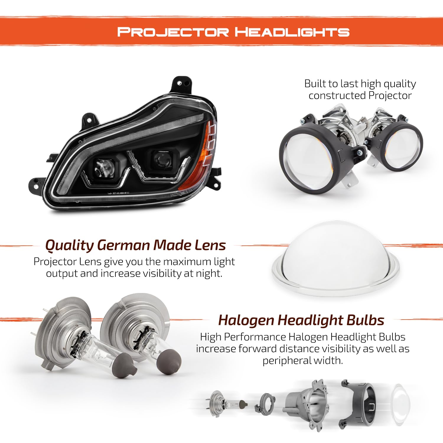 Fit AKKON 2013-2019 Kenworth T680 Class 8 Truck LED Sequential Switchback Black Dual Projector Headlights Driver+Passenger