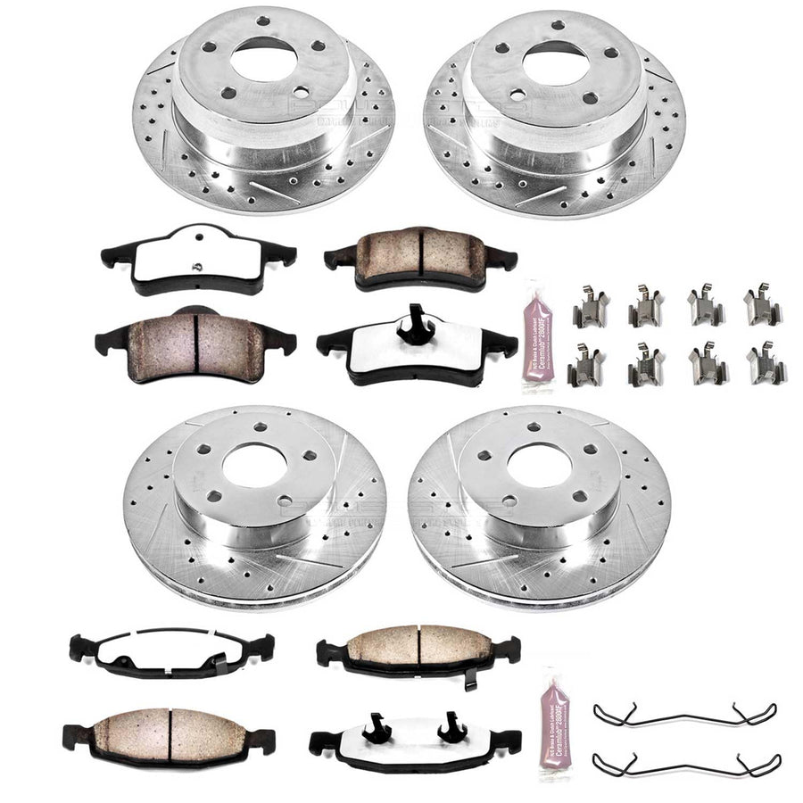 Front and Rear Brake Kit Power Stop For 1999 2000 2001 2002 Jeep Grand Cherokee - Truck & Tow Carbon Fiber Ceramic Brake Pads & Drilled and Slotted Rotors Replacement, K2148-36