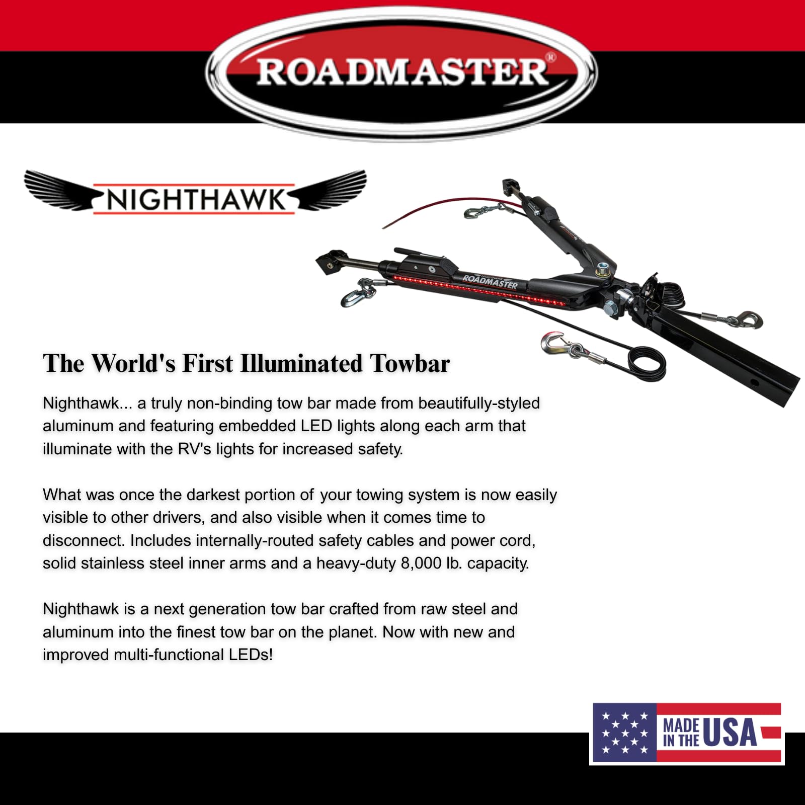 Roadmaster Nighthawk 676 Tow Bar fits Roadmaster Baseplates | Hauls Up to 8,000 lbs | Non-Binding Design | Multi-Functional LEDs | Proudly Made in The USA