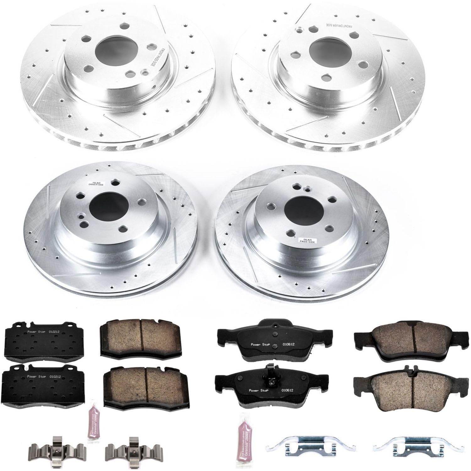 Power Stop K7764 Z23 Carbon Fiber Brake Pads Front and Rear with Drilled & Slotted Brake Rotors Kit For Mercedes-Benz E500 2004-2006 [Model Specific]