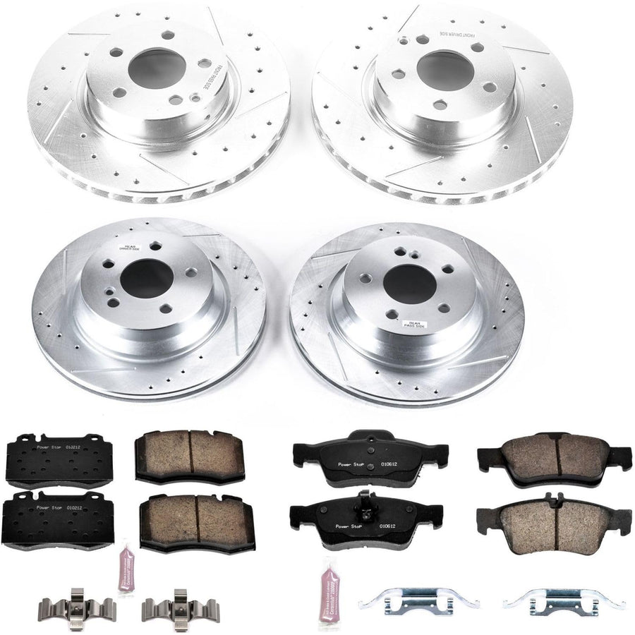 Power Stop K7764 Z23 Carbon Fiber Brake Pads Front and Rear with Drilled & Slotted Brake Rotors Kit For Mercedes-Benz E500 2004-2006 [Model Specific]