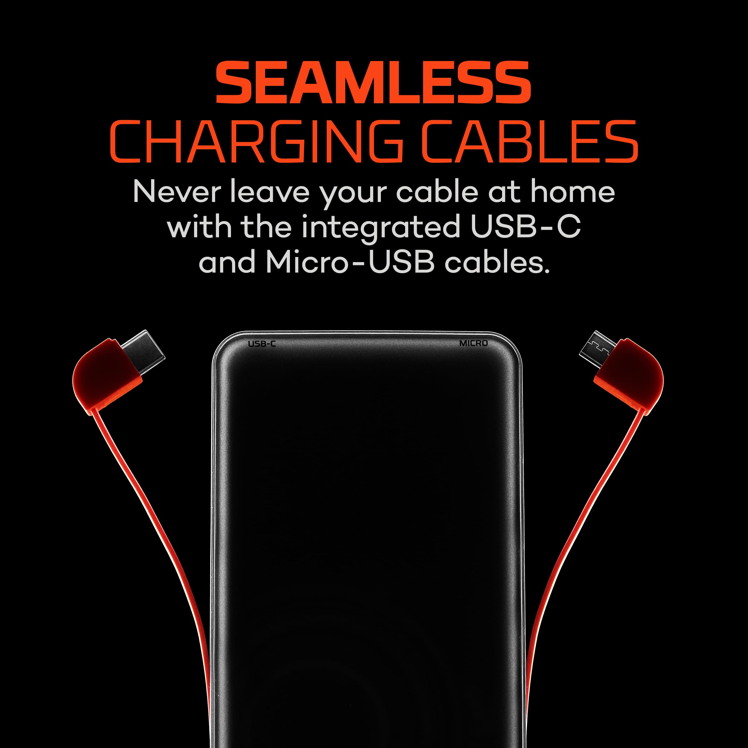 10K NEBO Power Bank with Integrated Cables | 10000mah Power, 37Wh Capacity, Certified Lightning Adapter, 4-Way Output Charging, Compatible with iPhone & Android