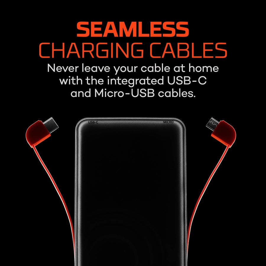 10K NEBO Power Bank with Integrated Cables | 10000mah Power, 37Wh Capacity, Certified Lightning Adapter, 4-Way Output Charging, Compatible with iPhone & Android