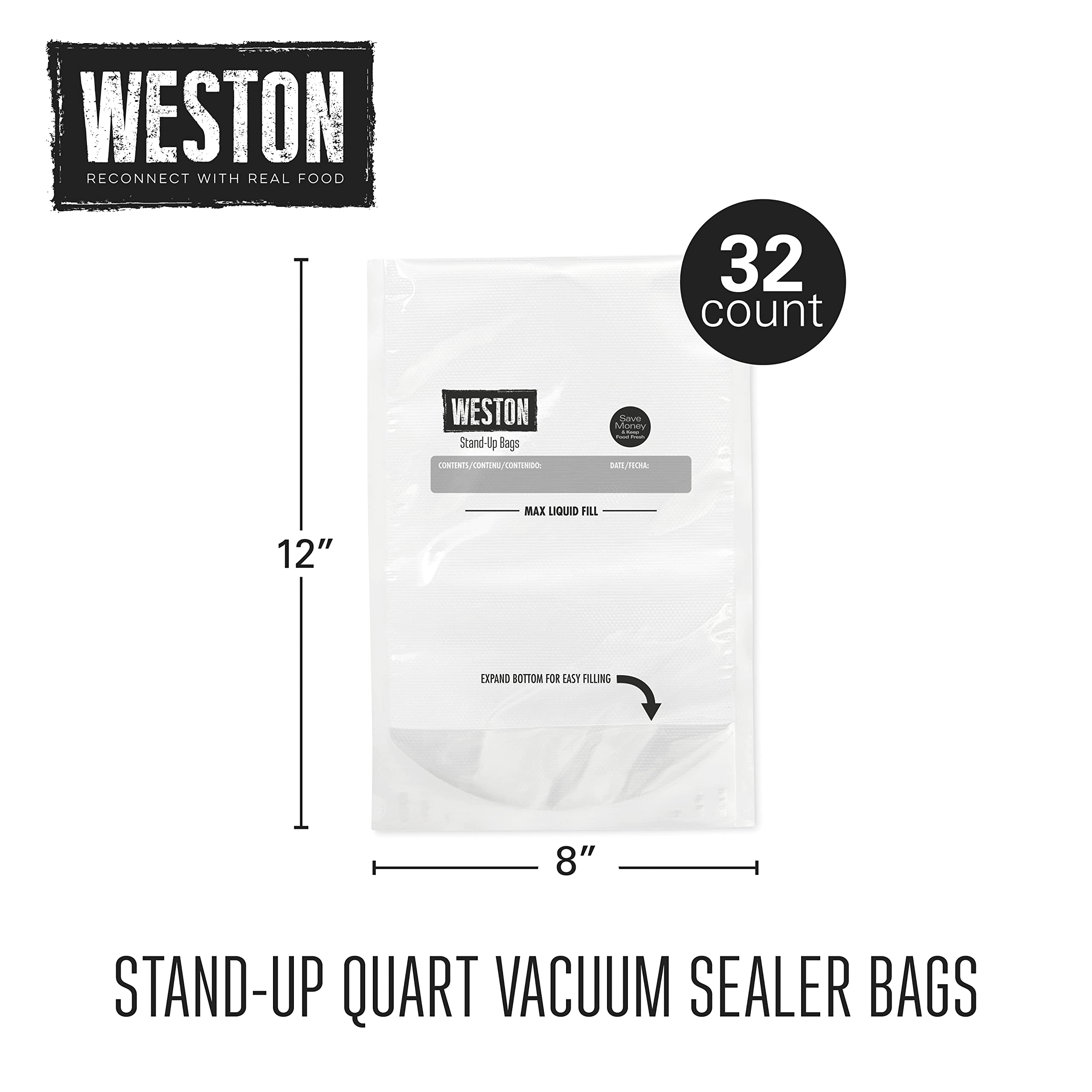 Weston 8" x 12" Vacuum Sealer Bags, Quart, 32 count Stand-Up for Food and Liquid, 2 Ply 3mm thick, for NutriFresh, FoodSaver & Other Heat-Seal Systems, for Meal Prep and Sous Vide, BPA Free