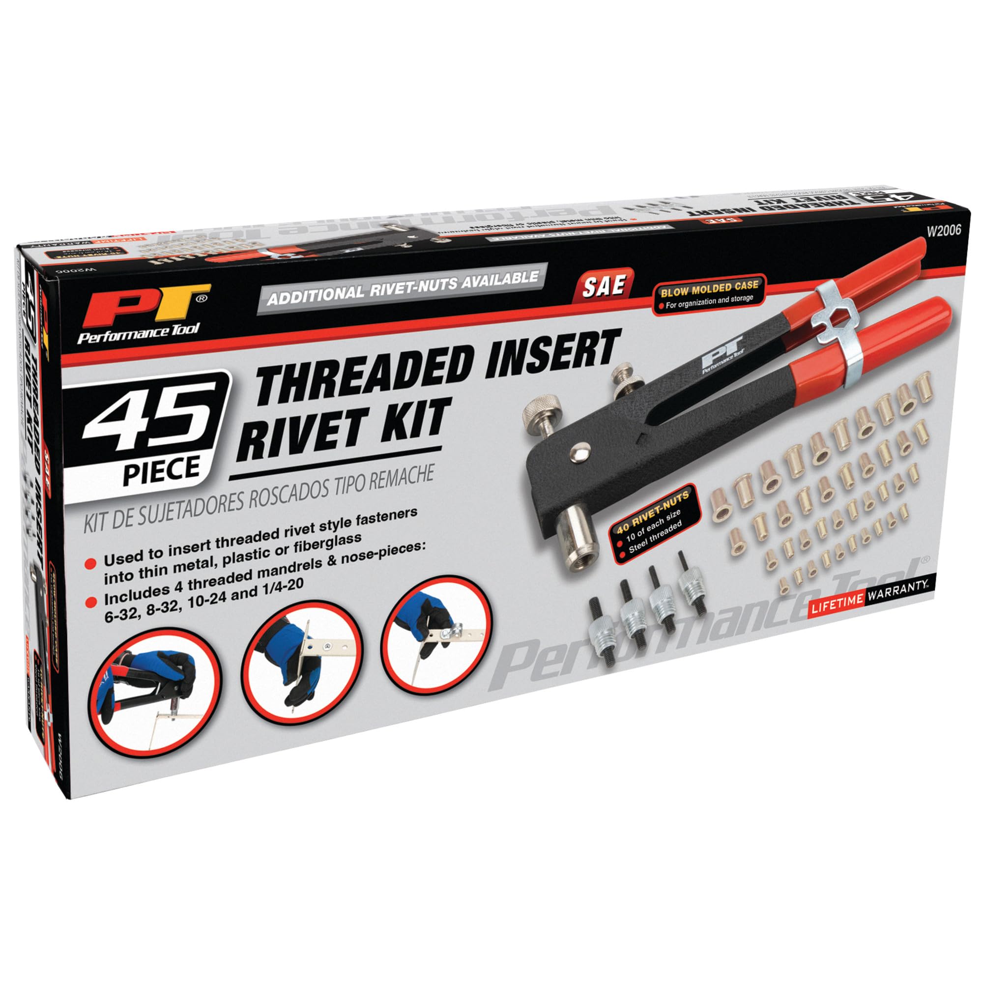 W2006 Performance Tool SAE Rivet Nut Kit Set, Riveter Tool, Rivet Nut Gun, Thread Hand Riveter, Rivet Gun, Riveting Tools with 45pc, Metric Rivet Nuts Included -/32, 8-32, 10-24, 1/4-20