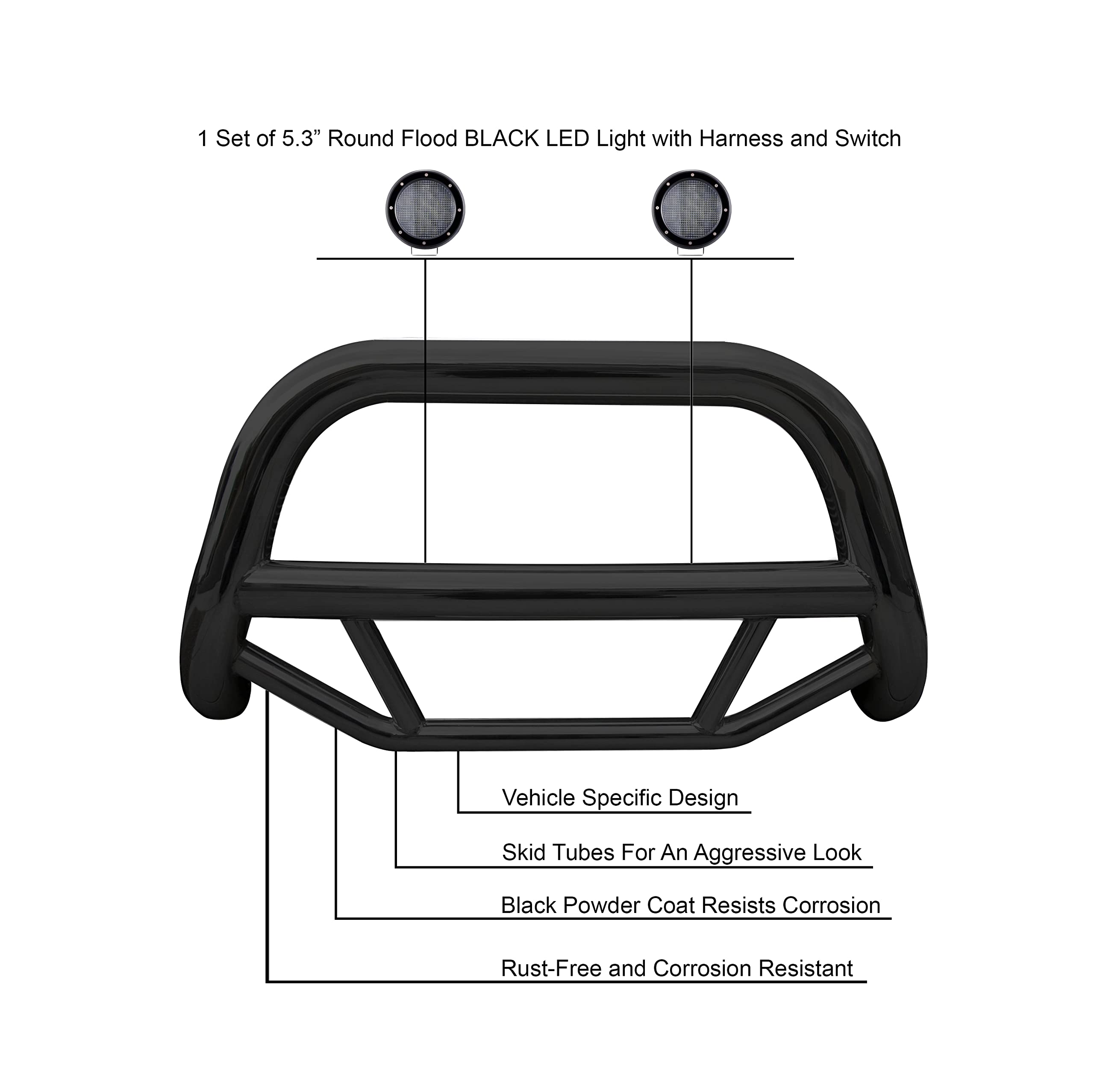 Max Bull Bar Black Horse No skid plate Come with Pair of 5.3"LED Lights With Black Trim Rings Compatible with 2001-2006 Acura MDX|2003-2008 Honda Pilot|2006-2014 Honda Ridgeline-MBB-HOC5005-PLFB