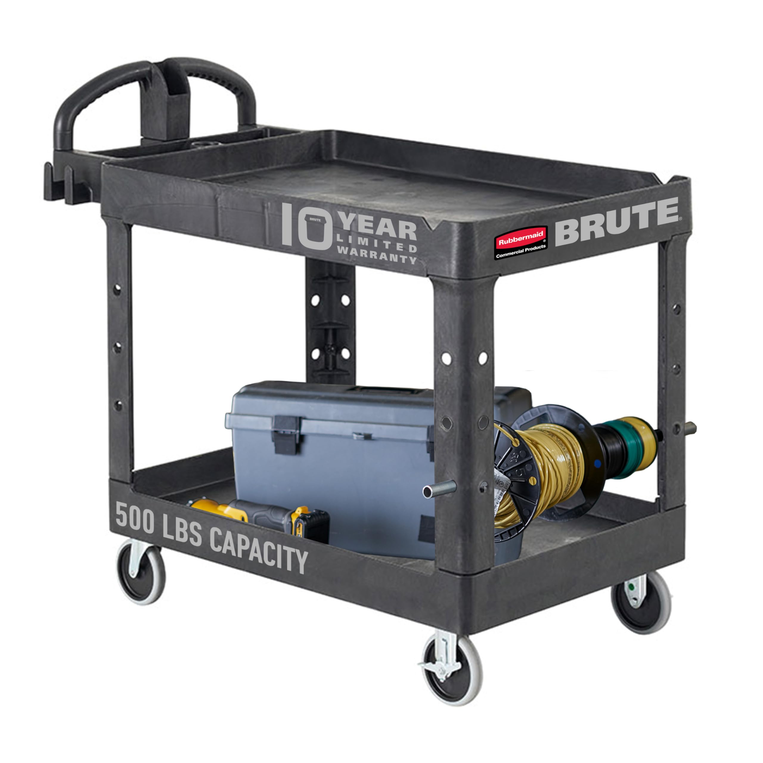 Rubbermaid 2-Shelf Commercial Products Utility/Service Cart, Medium, Black, Lipped Shelves, Ergonomic Handle, 500 Lbs Capacity, for Warehouse/Garage/Cleaning/Manufacturing