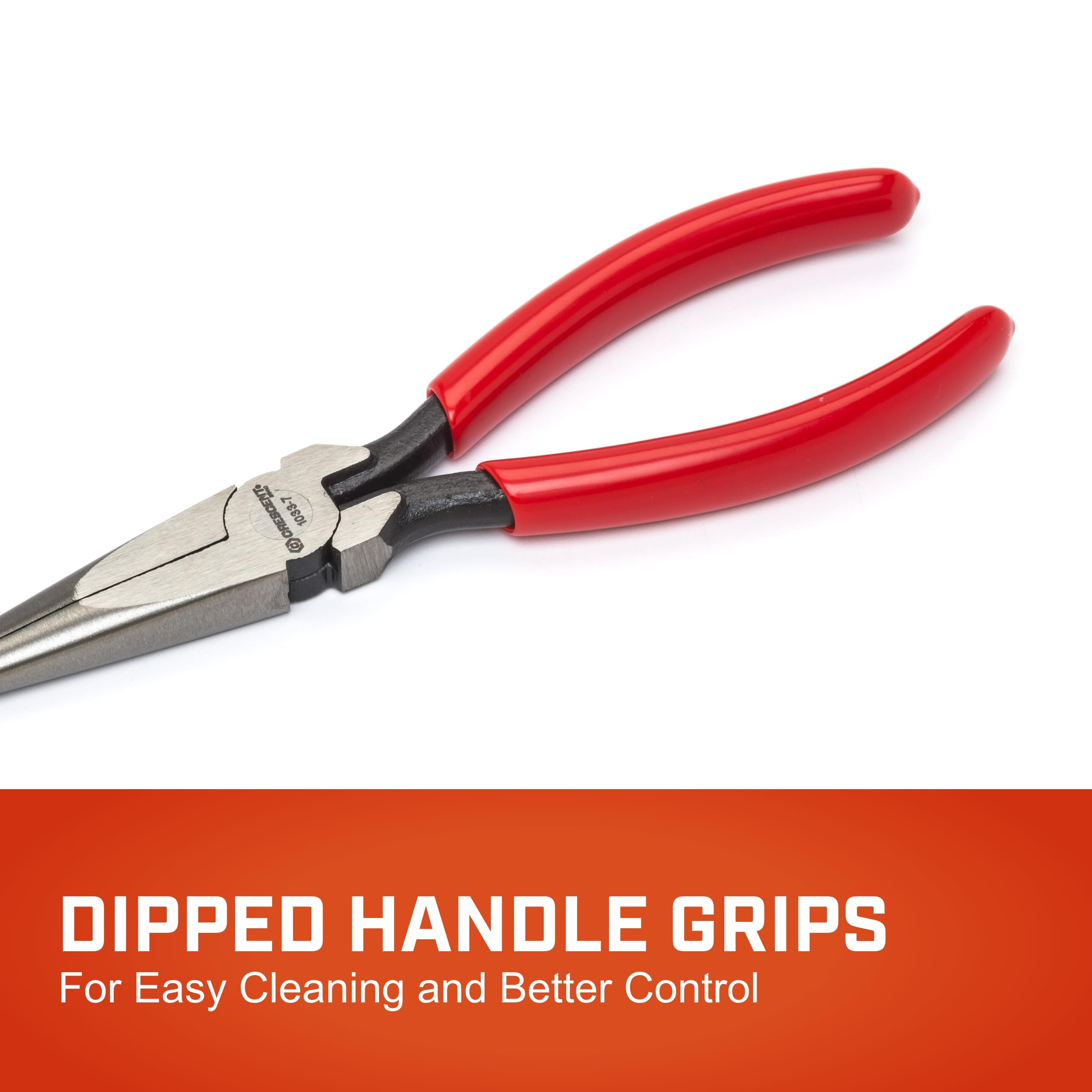 Crescent 7-1/2" Long Pliers Chain Nose - Needle-Nose Pliers for Bending, Gripping & Twisting - Long Reach Pliers with Serrated Jaws & Dipped Handle Grips - Resists Rust & Corrosion - 10336CVN