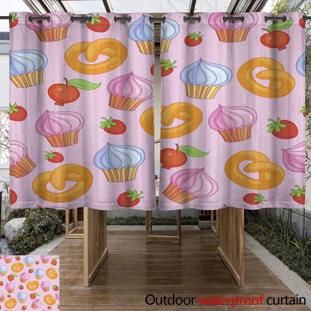 Outdoor Curtains WinfreyDecor for Patio Sheer Sweet Pattern Cakes on Pink Background Seamless W108 x L72