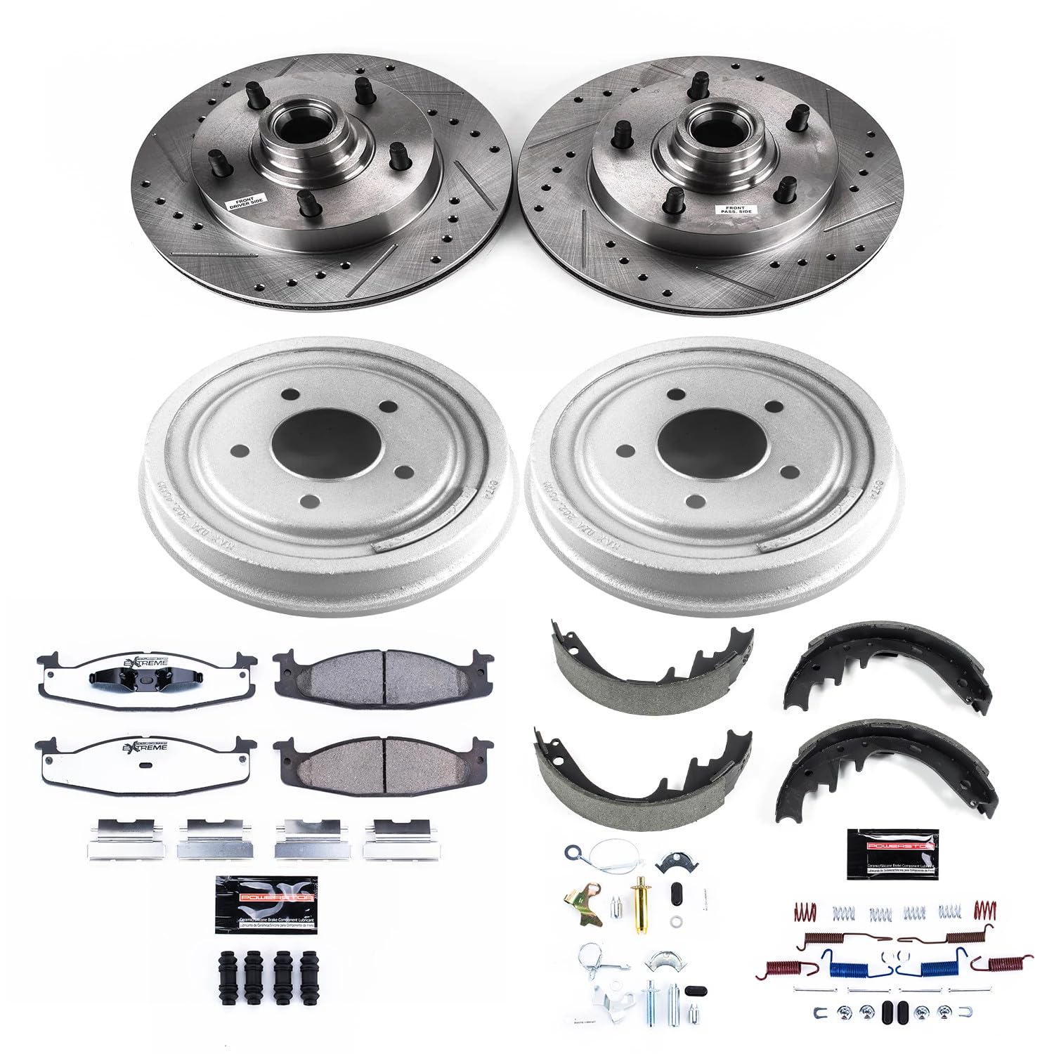 Power Stop K15090DK-36 Z36 Truck & Tow Front and Rear Brake Kit, Carbon Fiber Ceramic Brake Pads and Drilled/Slotted Brake Drums For E-150 Econoline, E-150 Econoline Club Wagon [Model Specific]