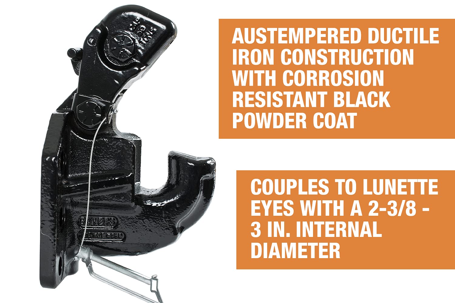 50 Ton Capacity Buyers Products Air Compensated Pintle Hook, 6-Hole Mount With Air Chamber Plunger