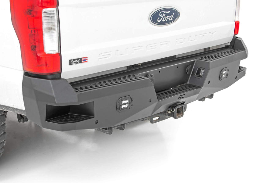 Heavy Duty Rough Country Rear LED Bumper for Ford F-250/F-350 SuperDuty (2017-2022) - Integrated Steps, Flush Mount LED Lights