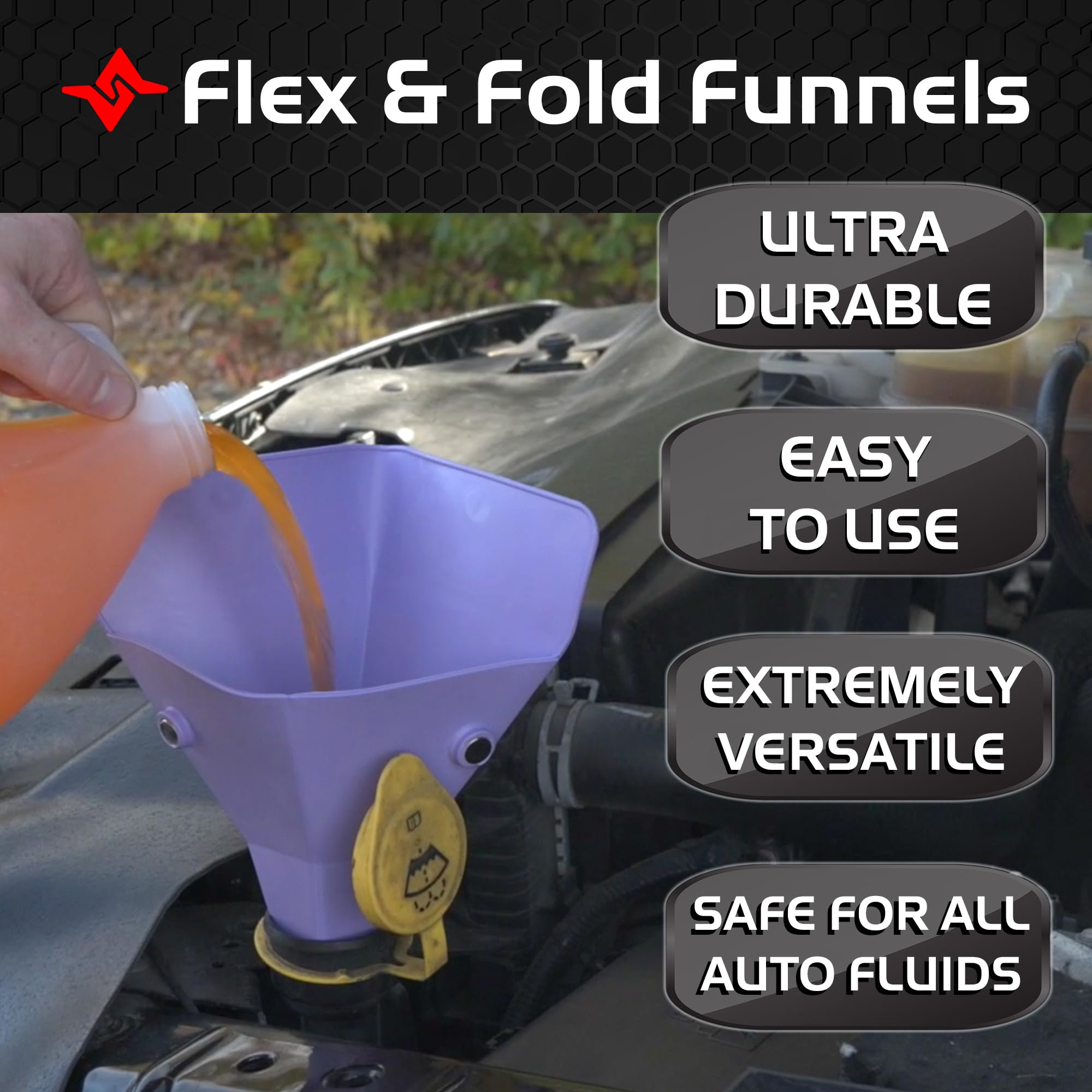 Flex & Fold Caliber, Flexible Funnel for Automotive Use, Wide Neck Funnel for High Volume Fluid Transfers, Purple