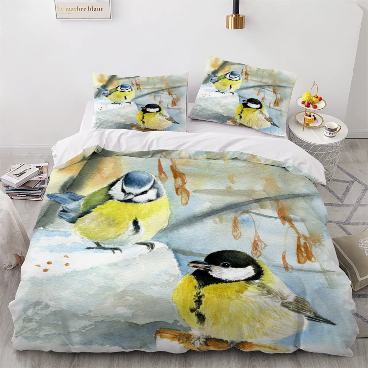 3 Pc ZHJB Bedding Set 3D Printed Duvet Cover Set Watercolor Painting Blue tit and Great tit in Winter Polyester Cover Decorated Quilt Cover (Size : 180 * 210+50 * 75 * 2)