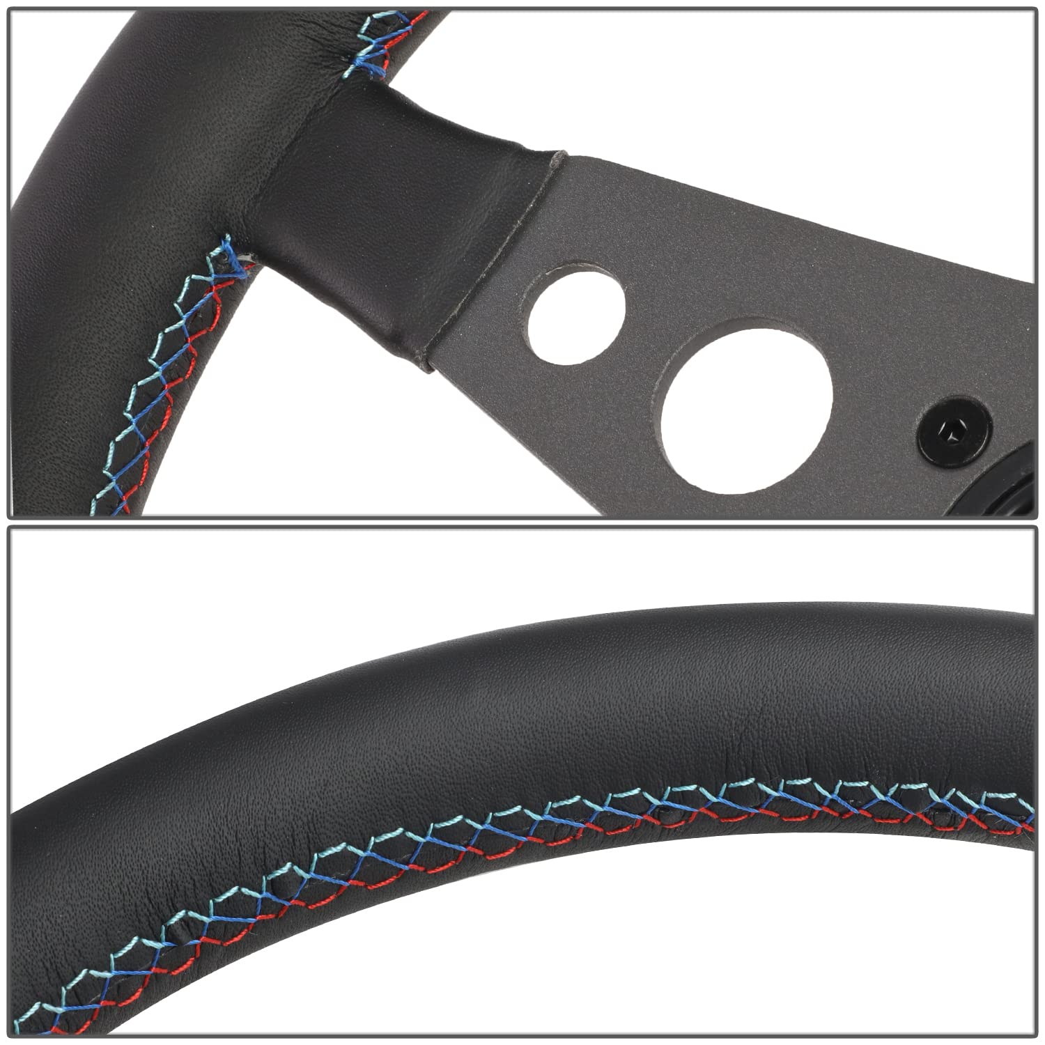 NRG Innovations 350mm Black Leather Reinforced Sport Steering Wheel NRG-RST-068BK, 3 Black Spokes with Stitching and non Deep Dish